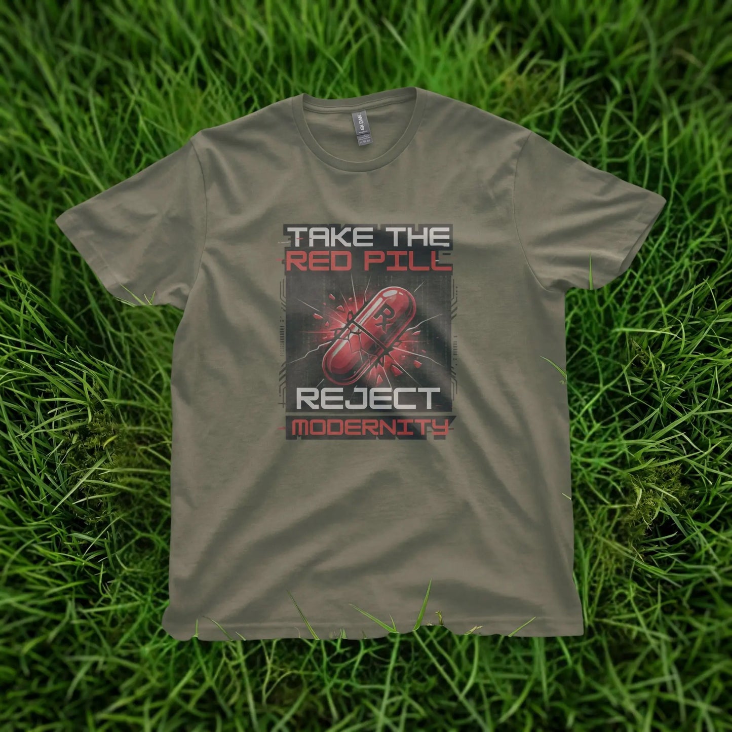 Olive t-shirt with red pill graphic and text "TAKE THE RED PILL REJECT MODERNITY".
