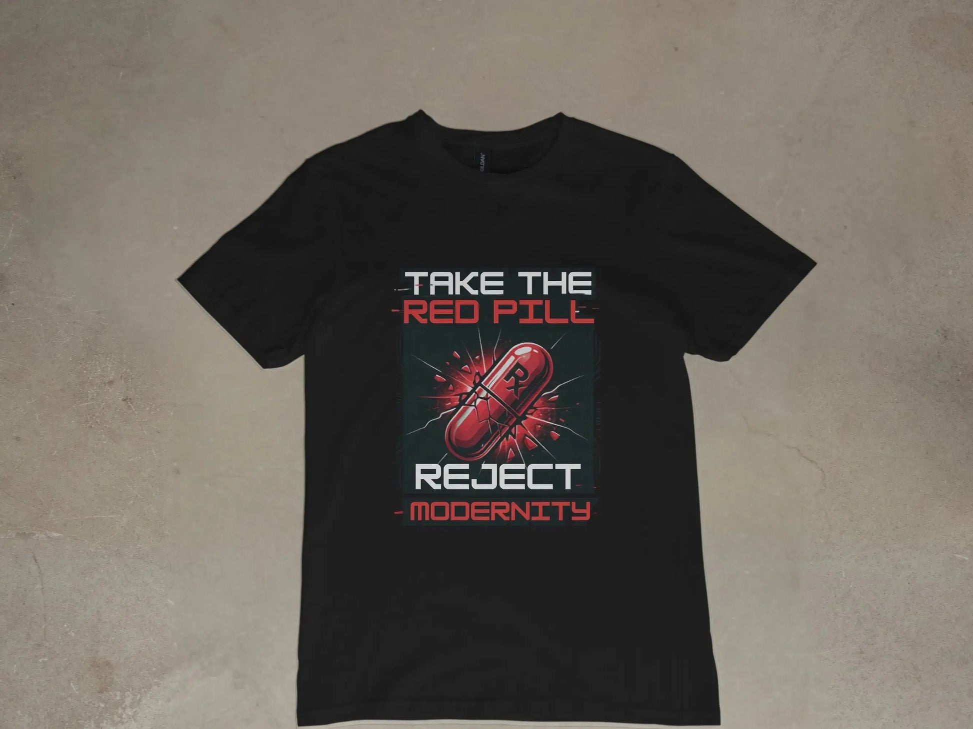 Black t-shirt with "Take the Red Pill Reject Modernity" text and a red pill graphic.