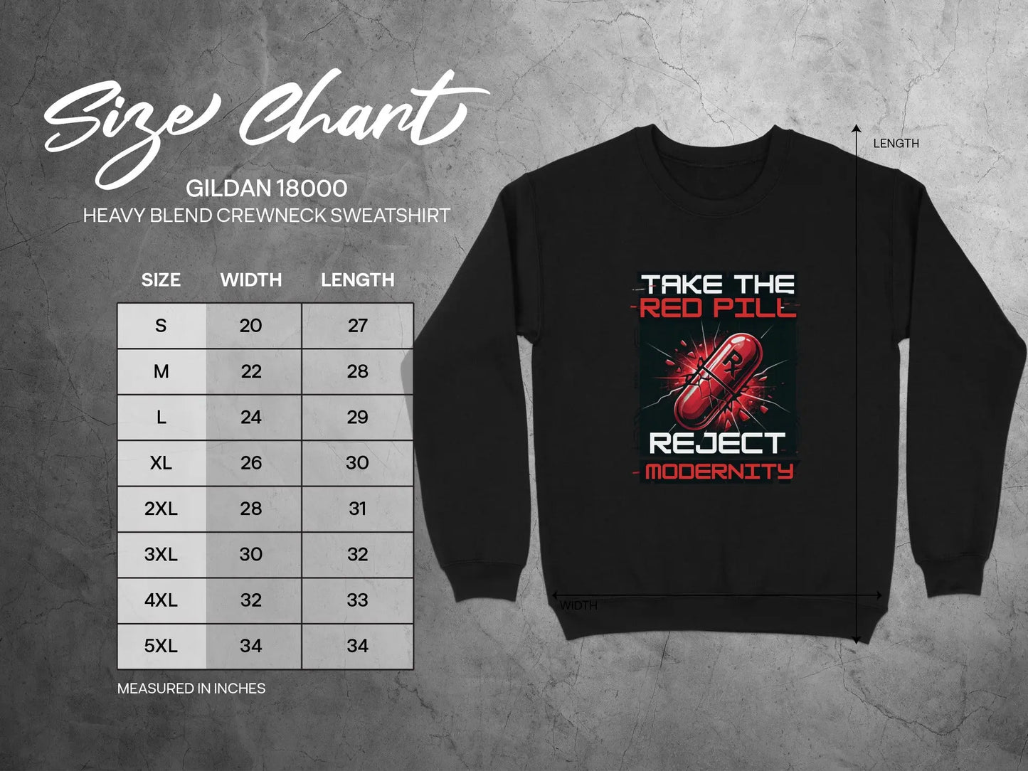 Size chart for Gildan 18000 heavy blend crewneck sweatshirt with graphic.