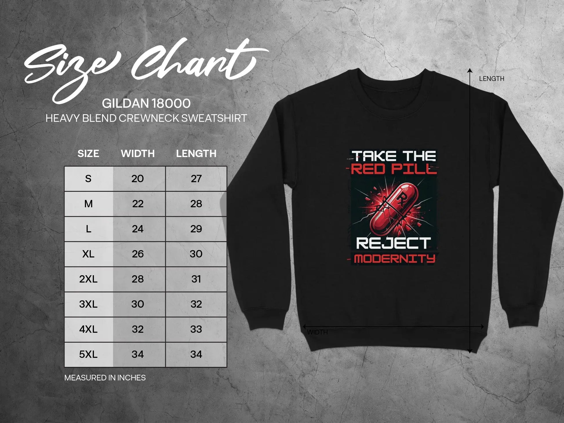 Size chart for Gildan 18000 heavy blend crewneck sweatshirt with graphic.