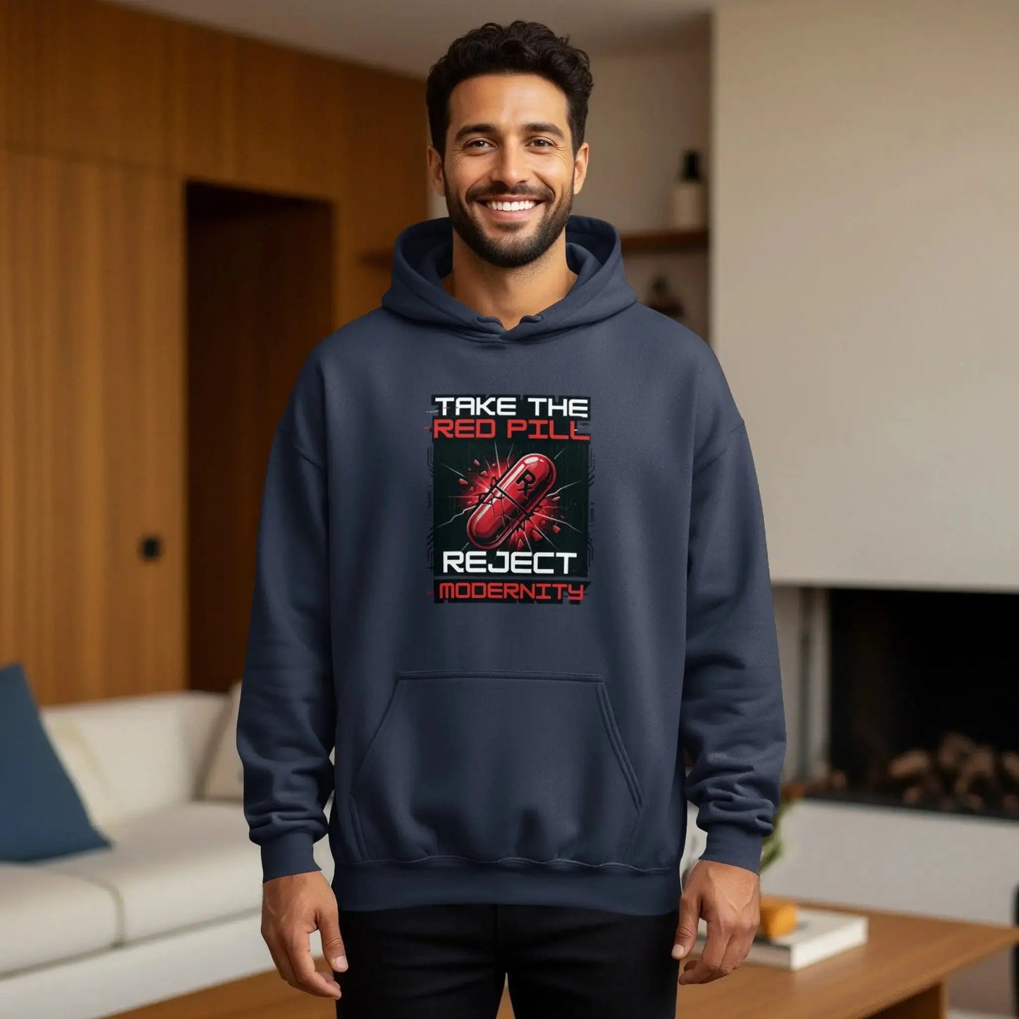 Navy hoodie with "TAKE THE RED PILE REJECT MODERNITY" text and pill graphic.