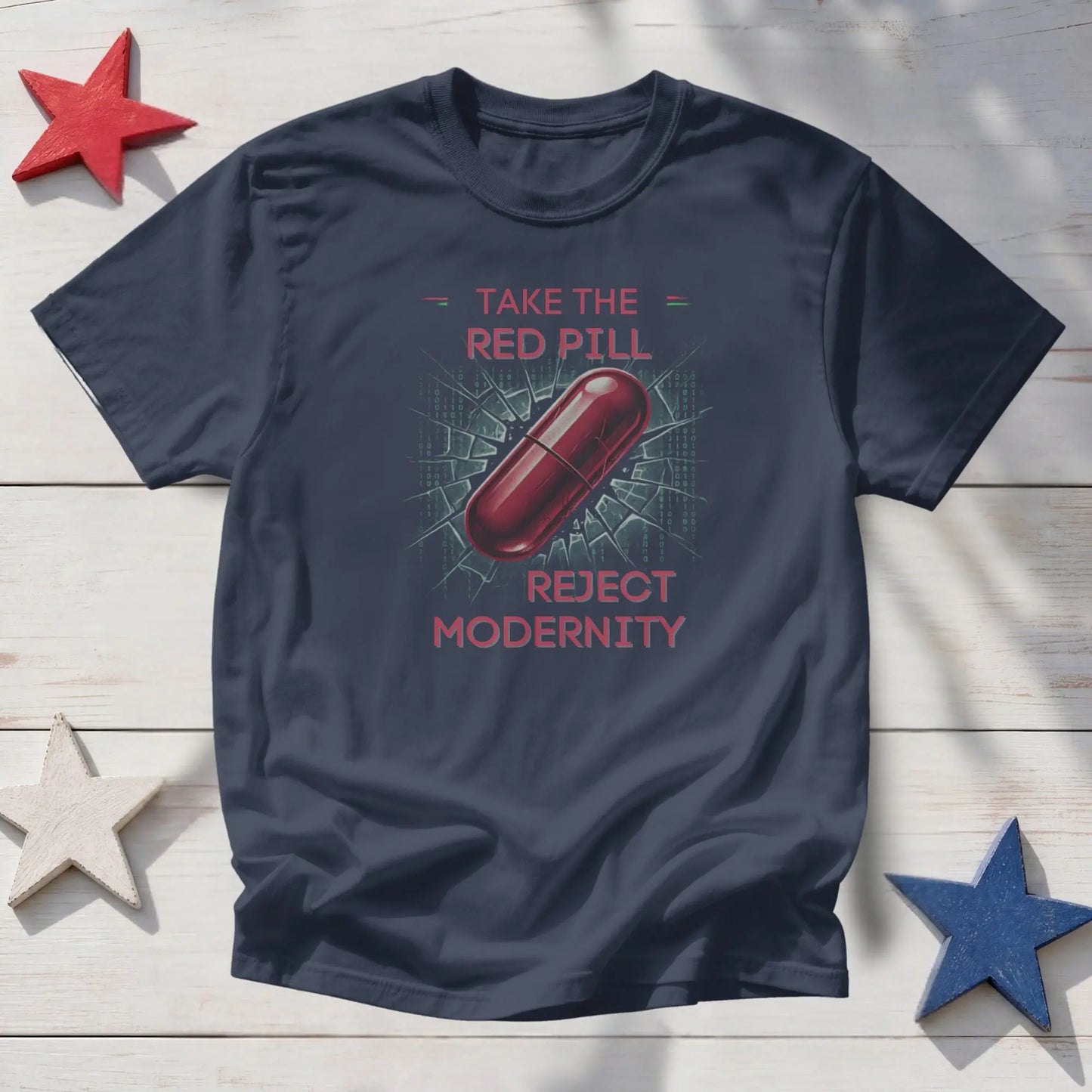 Navy t-shirt with red pill graphic and text "Take the Red Pill Reject Modernity".