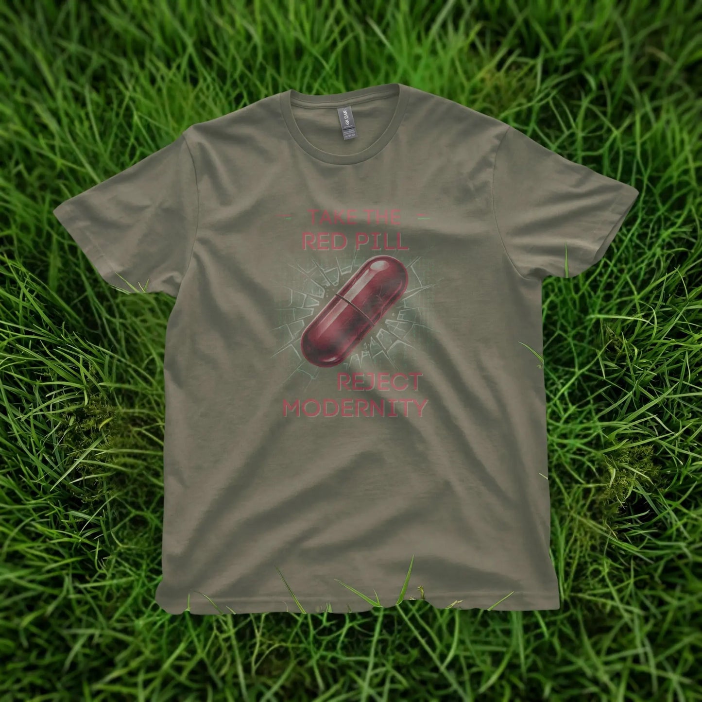 T-shirt with red pill graphic and text "Take the Red Pill Reject Modernity".
