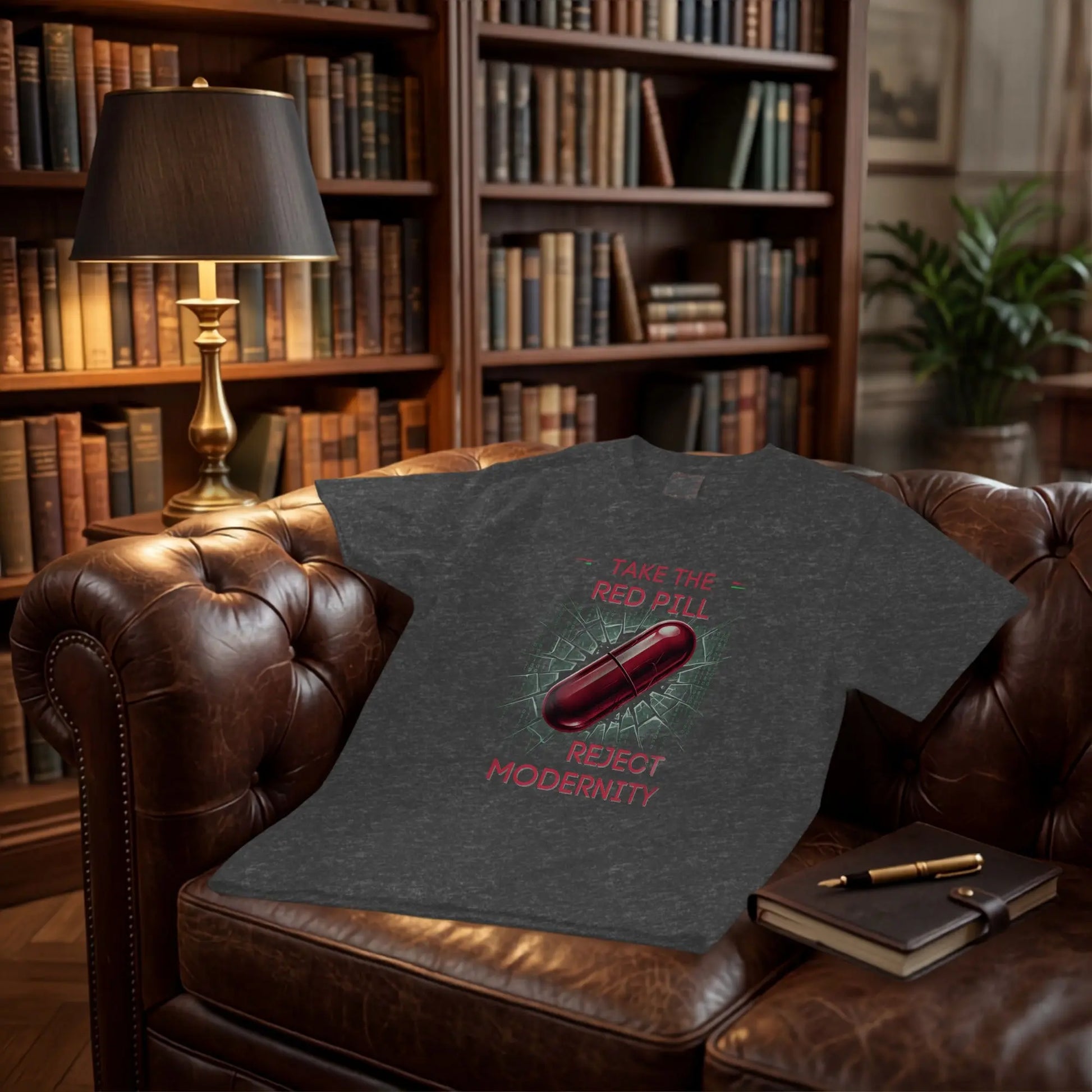 Dark t-shirt with "Take the Red Pill" and "Reject Modernity" text and a red pill graphic.