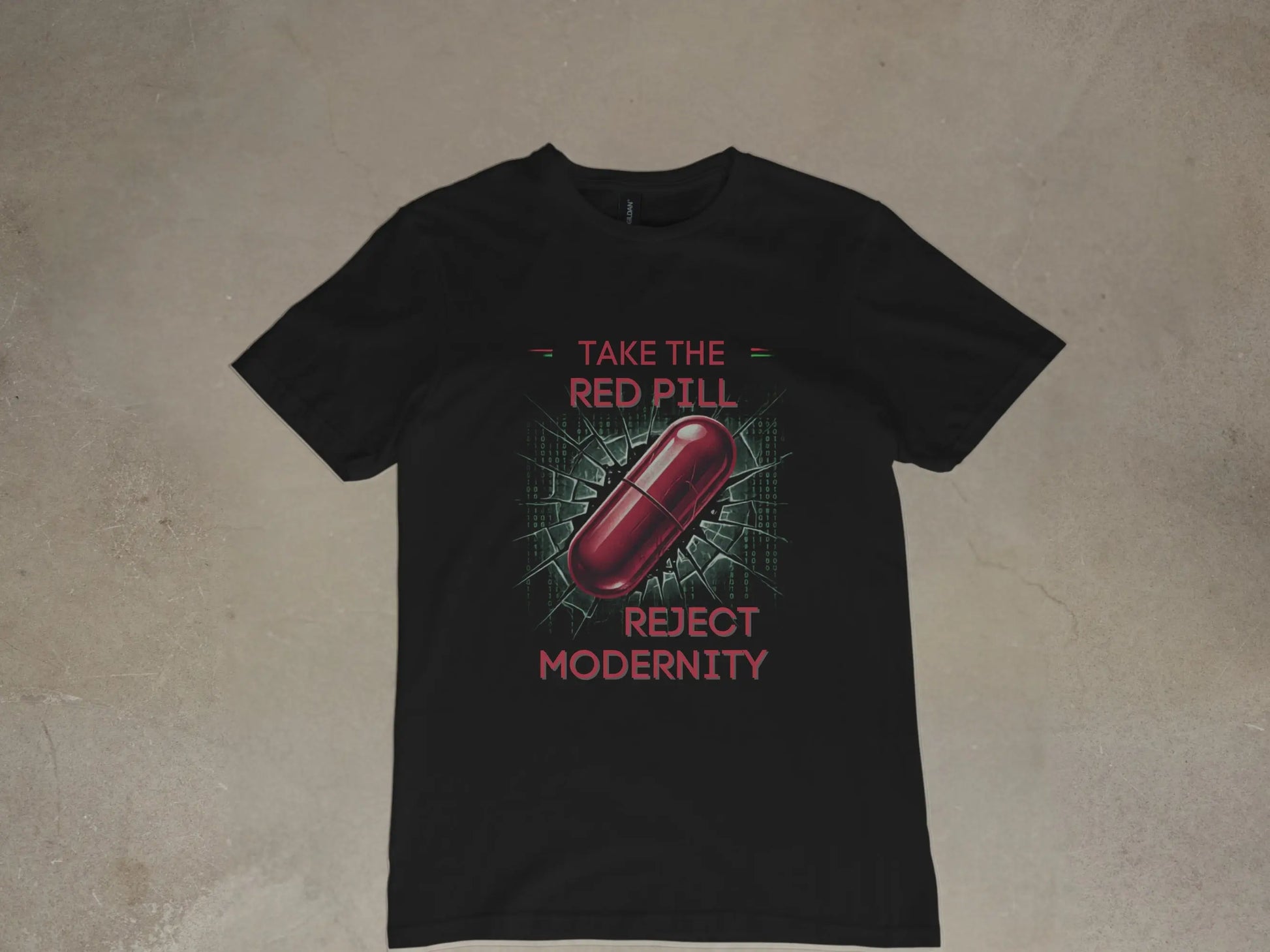 Black t-shirt with red text "Take the Red Pill Reject Modernity" and a red pill graphic.