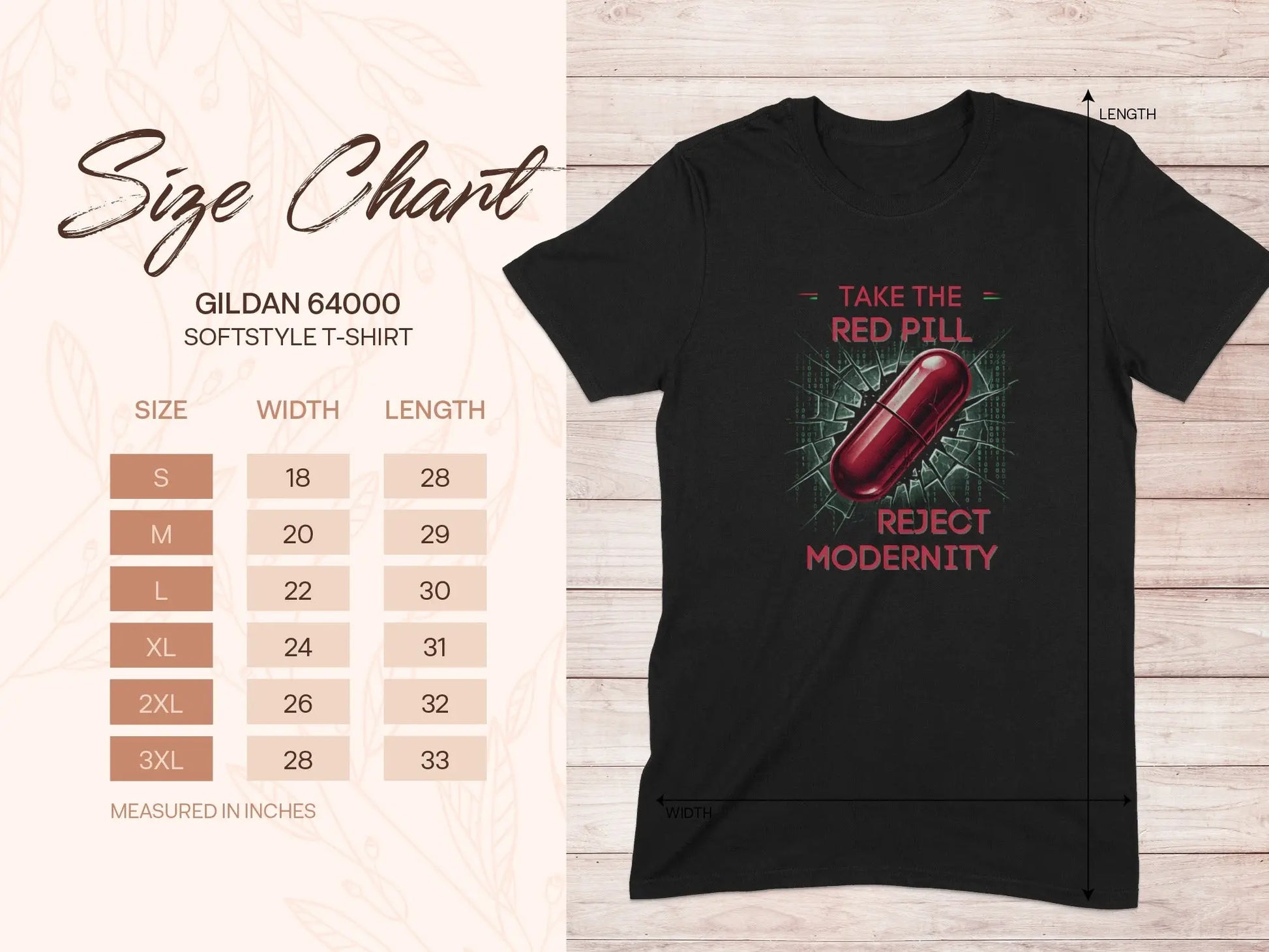 Gildan 64000 size chart with a black t-shirt featuring "Take the Red Pill Reject Modernity" text.