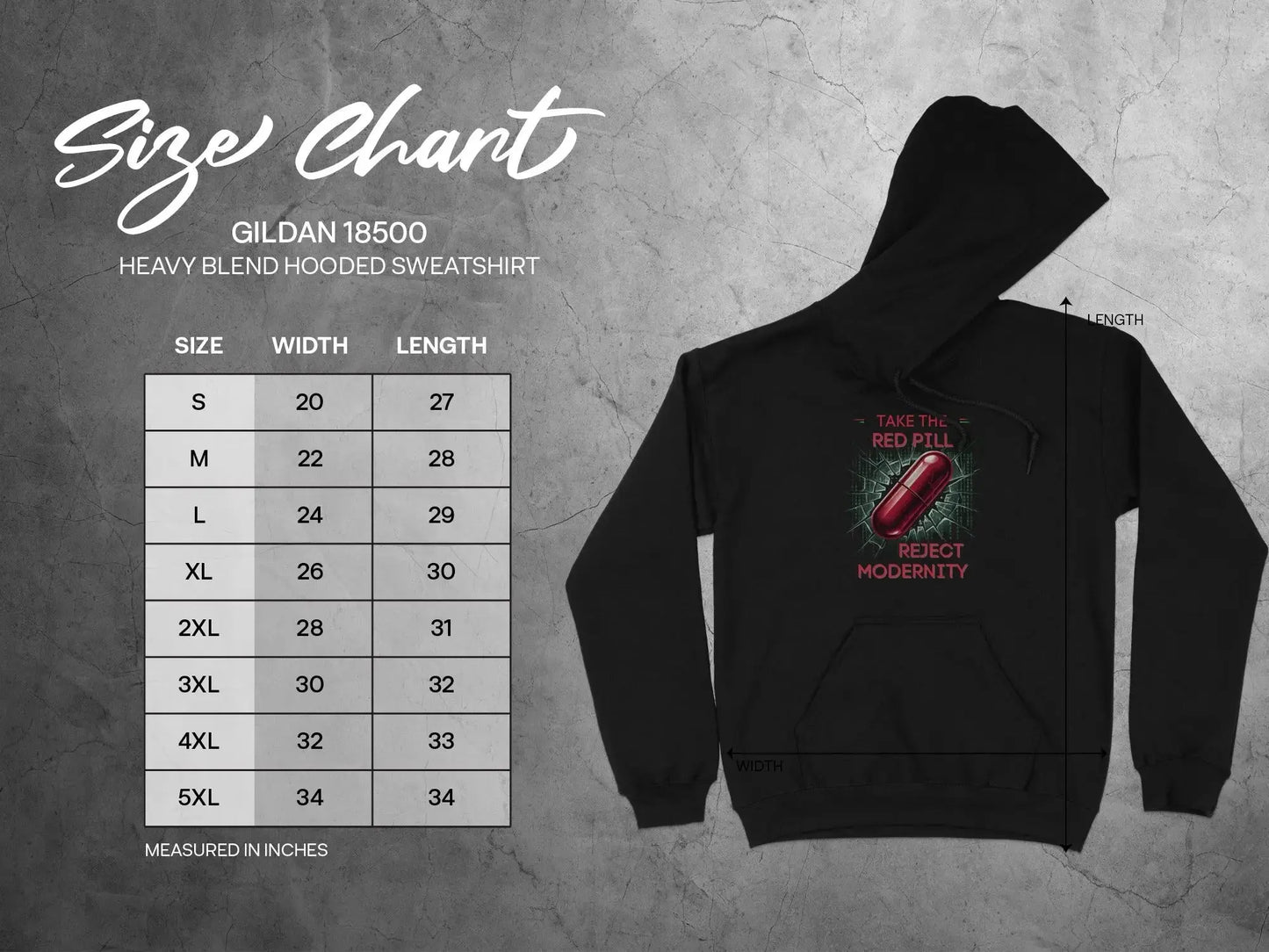 Gildan 18500 Heavy Blend Hooded Sweatshirt size chart with measurements in inches.