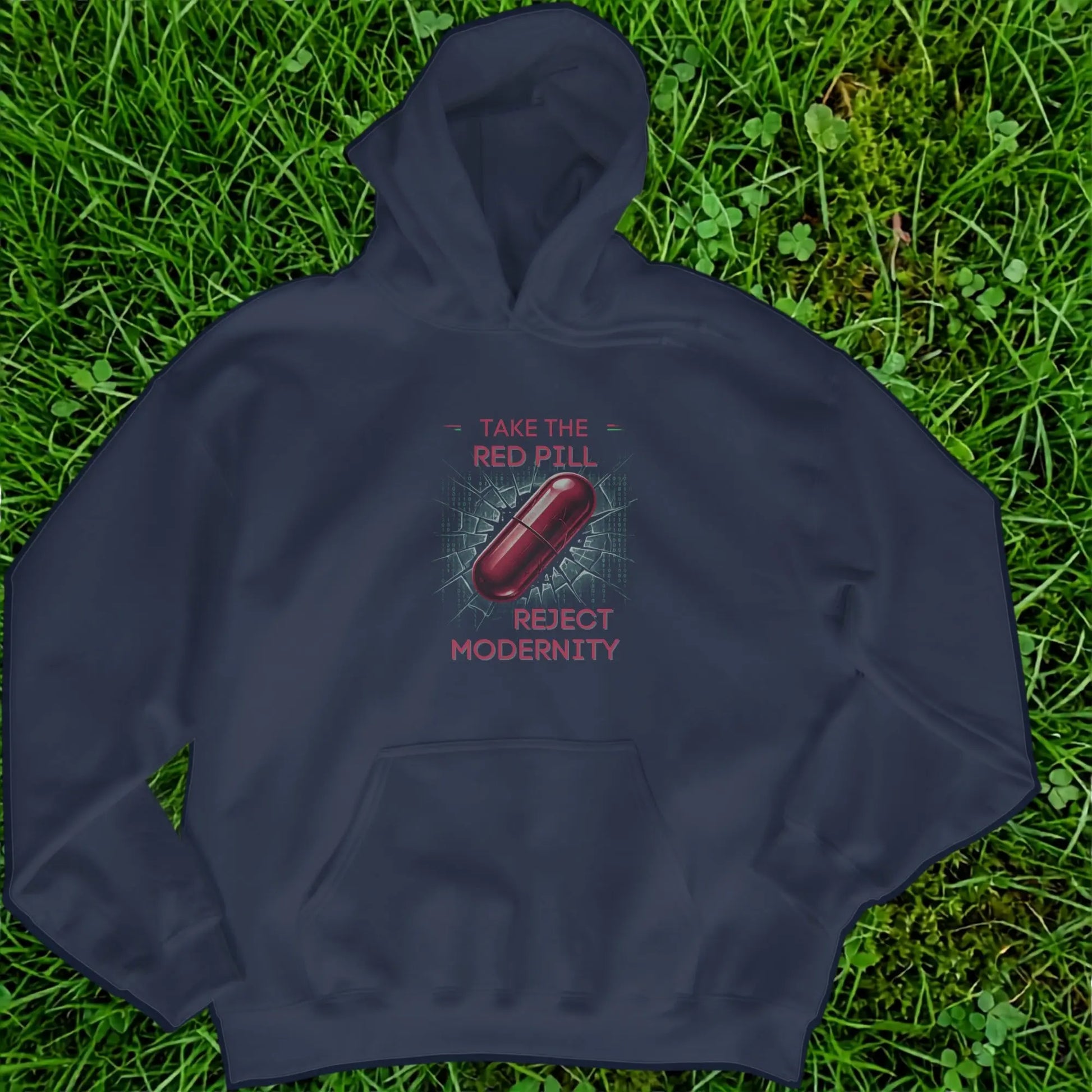 Navy hoodie with red pill graphic and text "TAKE THE RED PILL REJECT MODERNITY".