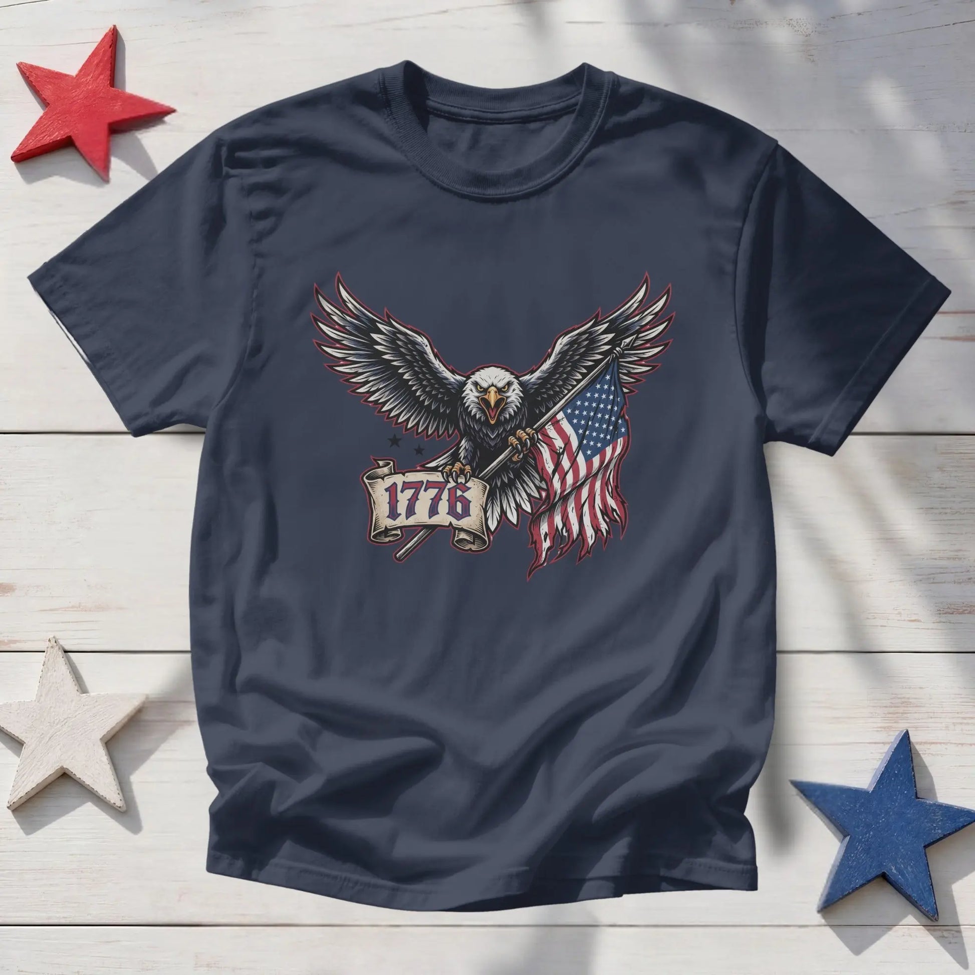 T-shirt with an eagle holding a flag and banner with "1776".