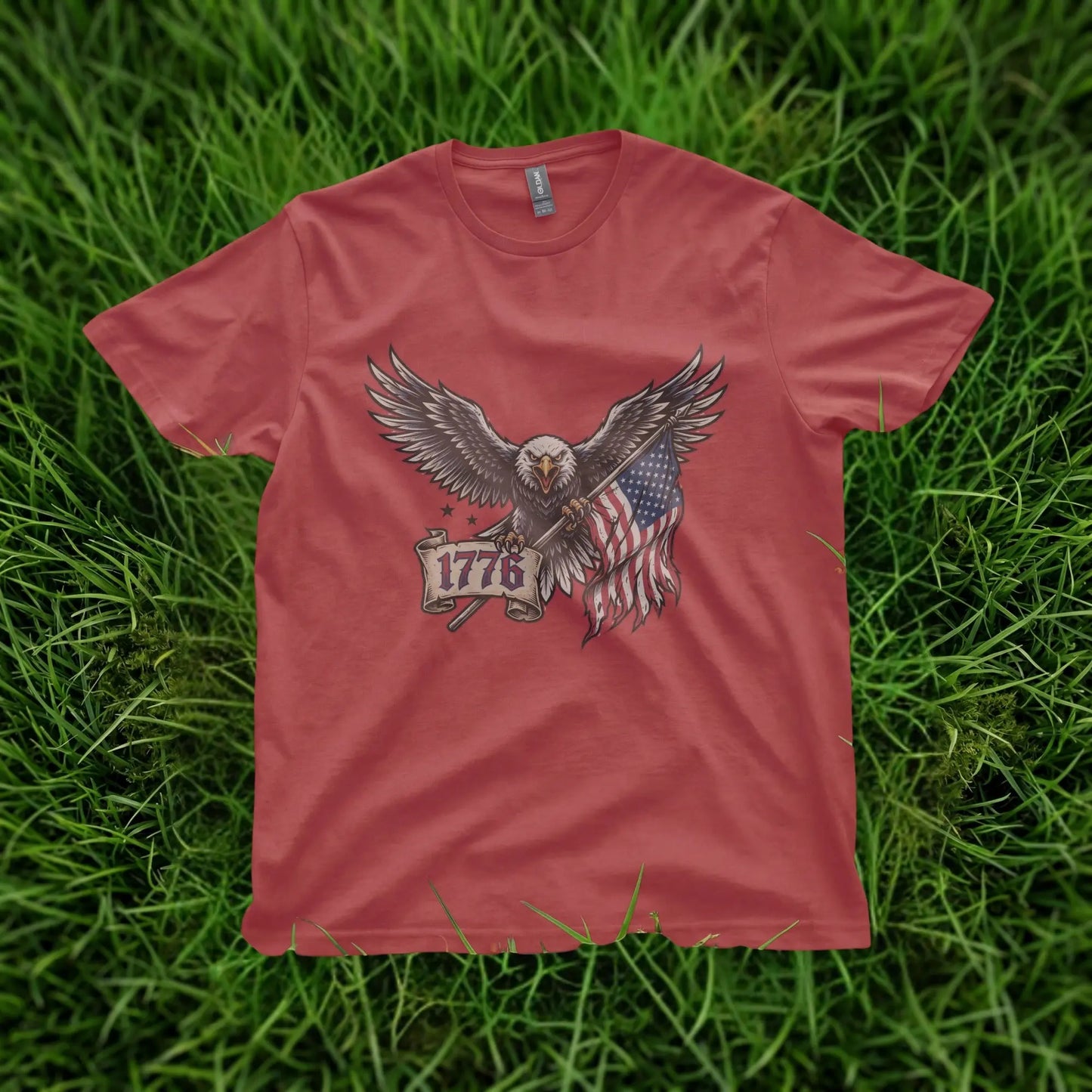 Red t-shirt with eagle, American flag, and "1776" banner graphic.