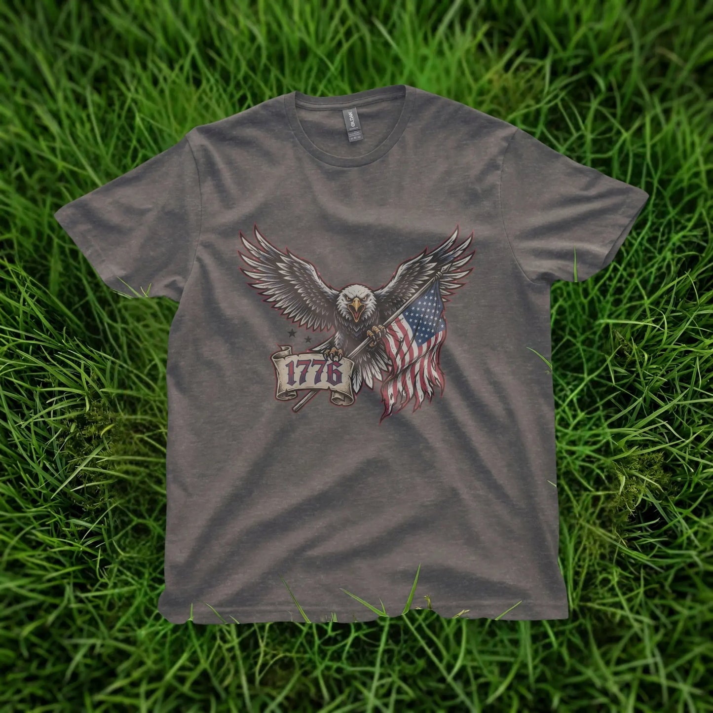 Dark gray t-shirt with an eagle holding the American flag and a banner reading "1776".