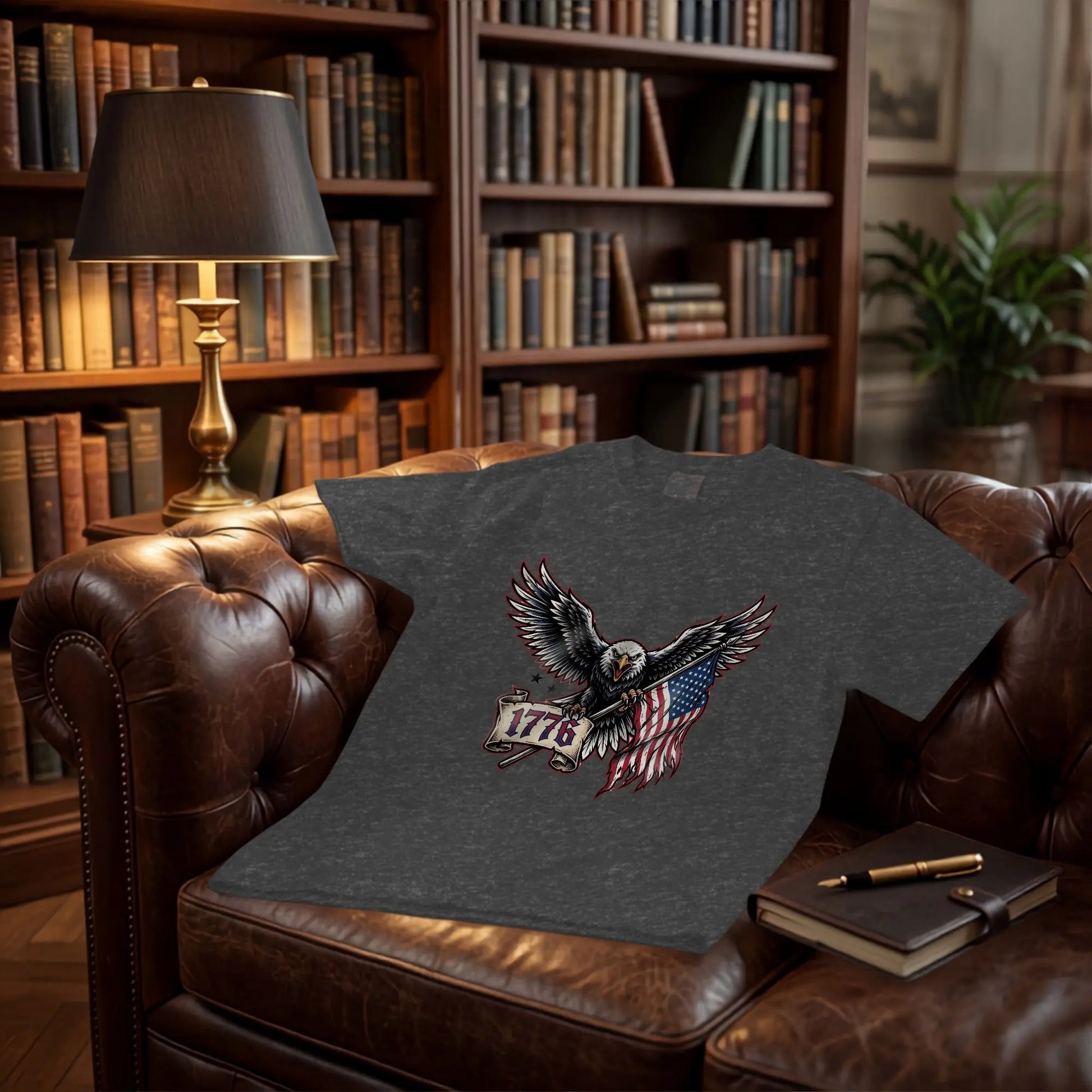 Dark t-shirt with bald eagle holding flag and banner reading 1776.