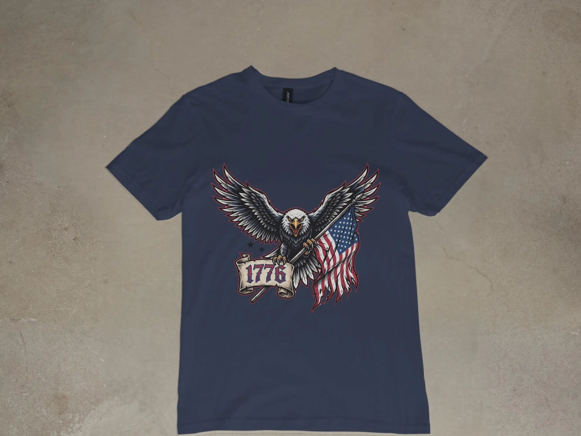 Navy blue t-shirt with eagle, American flag, and "1776" text graphic.