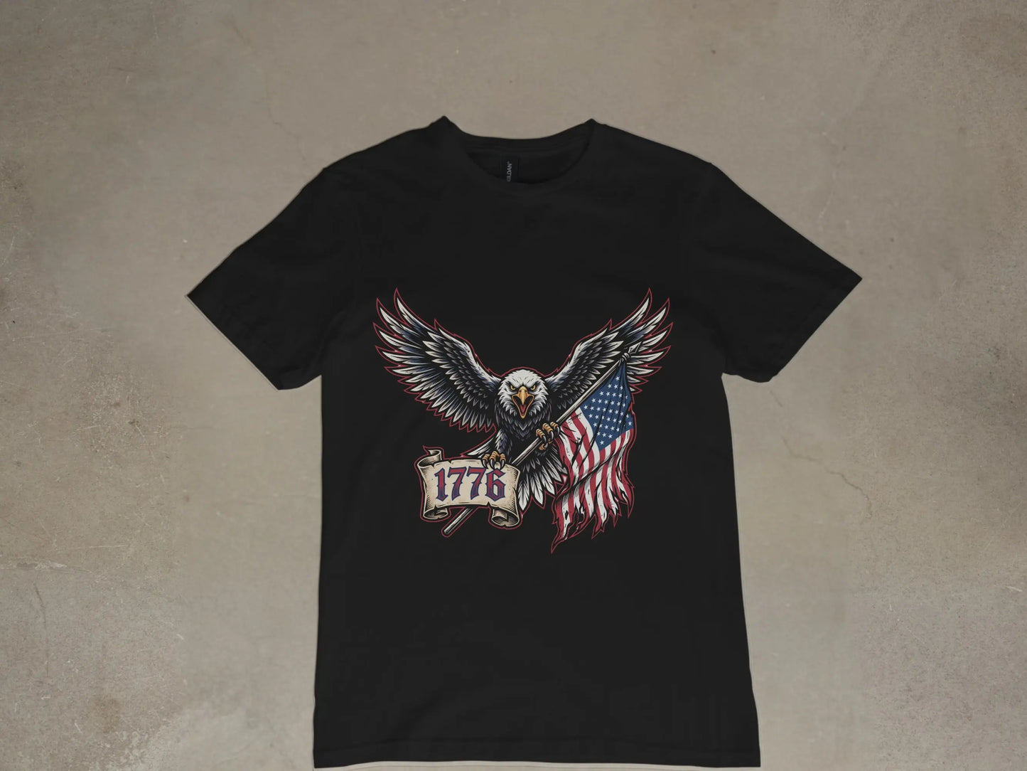 Black t-shirt with an eagle holding an American flag and banner reading "1776".