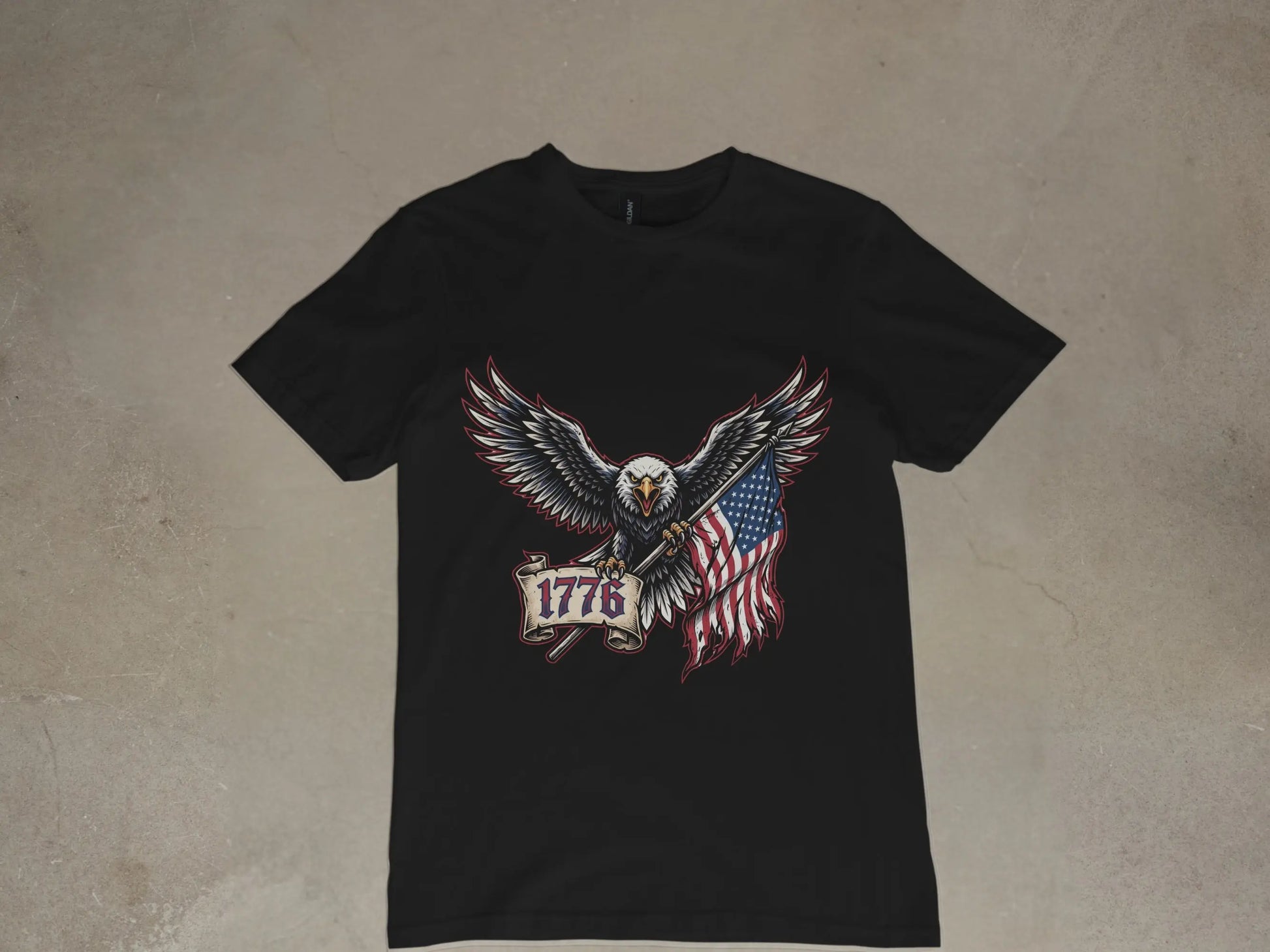 Black t-shirt with an eagle holding an American flag and banner reading "1776".