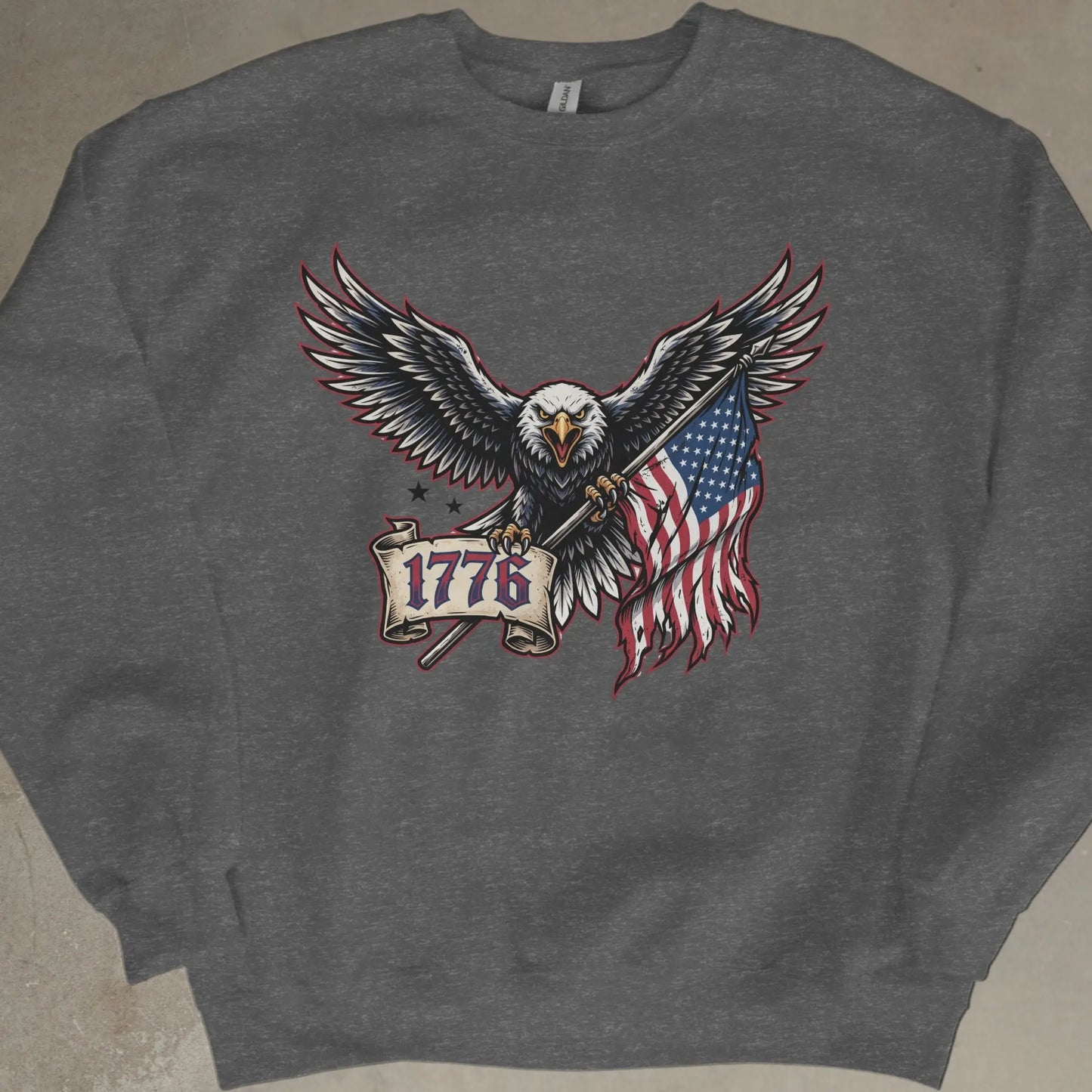 Eagle with American flag and "1776" banner on a charcoal grey sweatshirt.