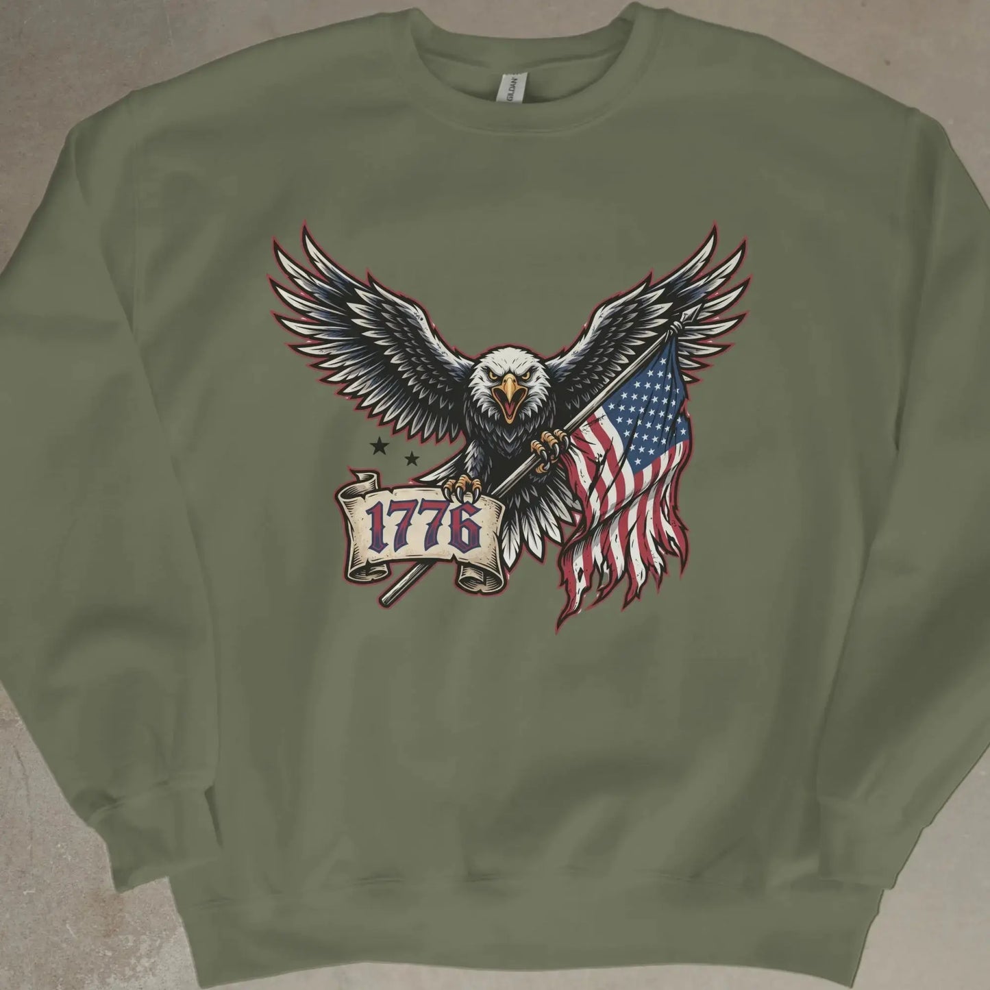 Eagle holding American flag and banner with text "1776".