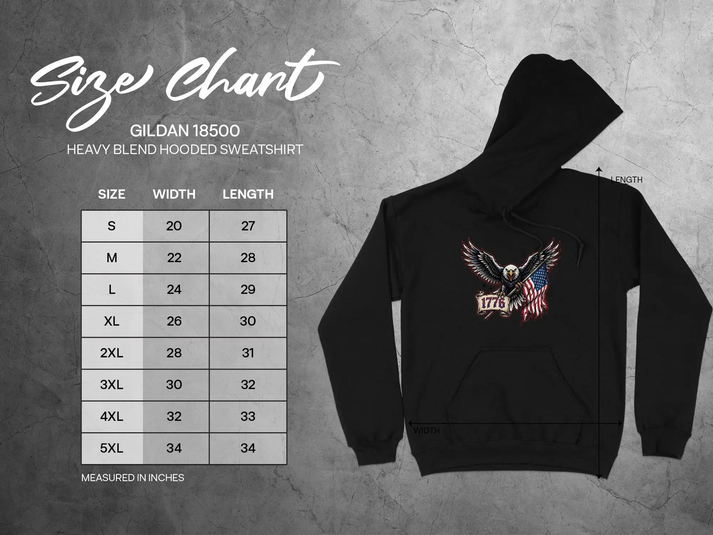 Gildan 18500 Heavy Blend Hooded Sweatshirt size chart with eagle graphic.