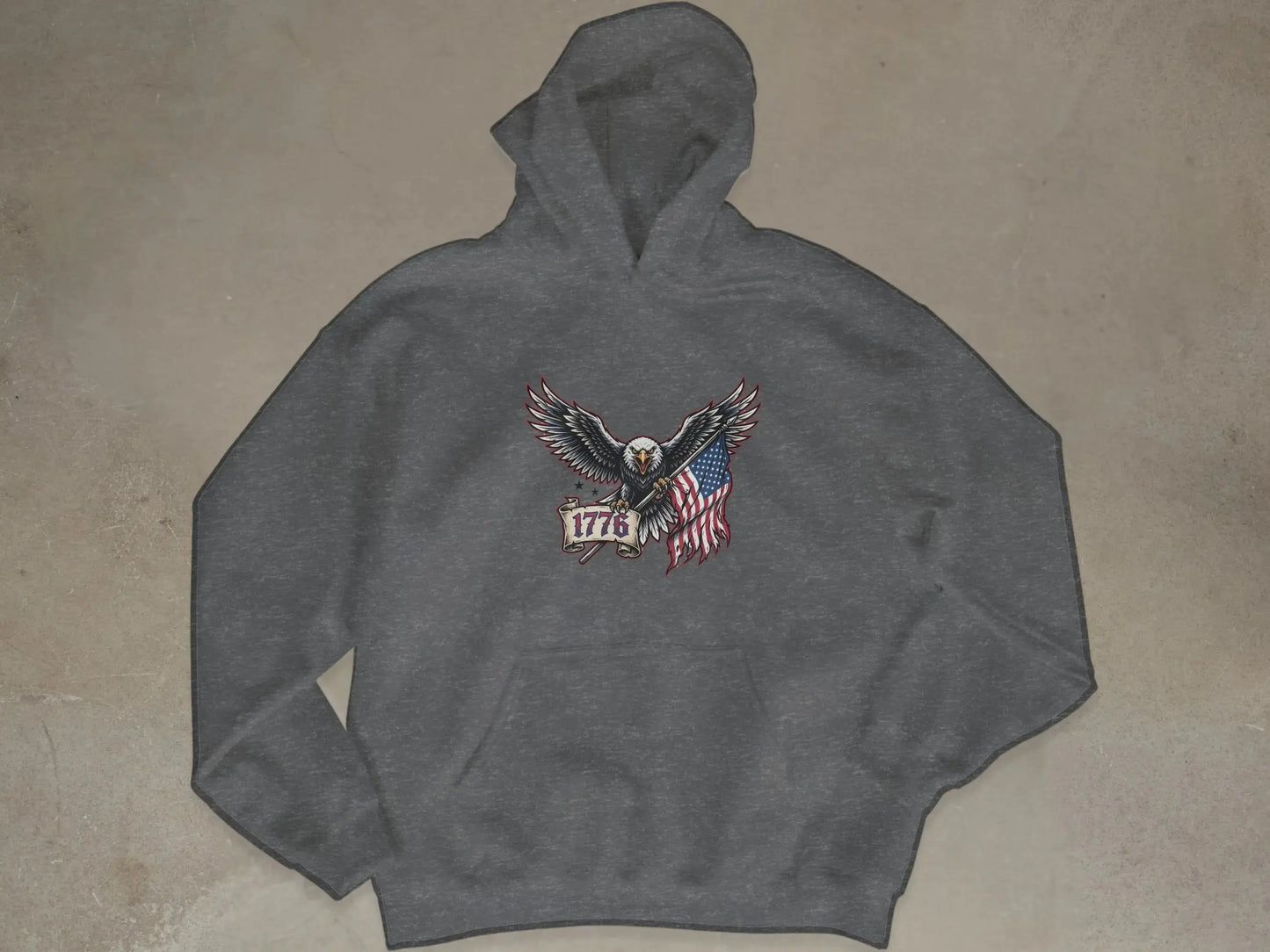 Gray hoodie with eagle holding American flag and "1776" banner.
