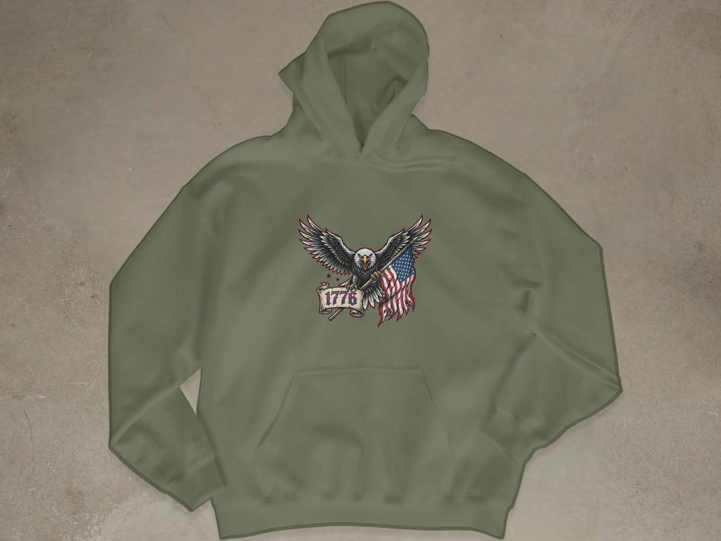 Green hoodie with eagle, American flag, and "1776" text graphic.