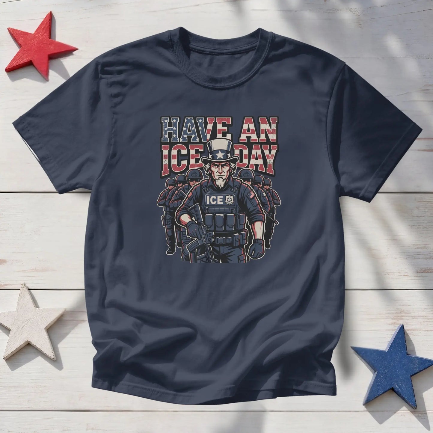 Navy t-shirt with graphic of Uncle Sam figure in ICE gear and text "HAVE AN ICE DAY".