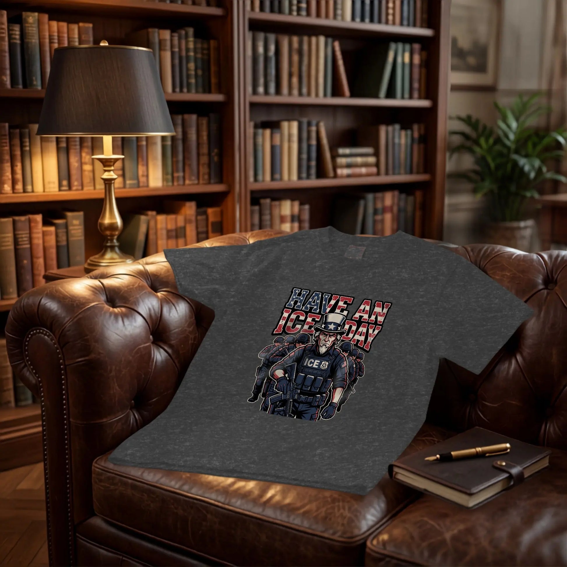 Dark t-shirt with an illustration of ICE agents wearing tactical gear and the text "HAVE AN ICE DAY."