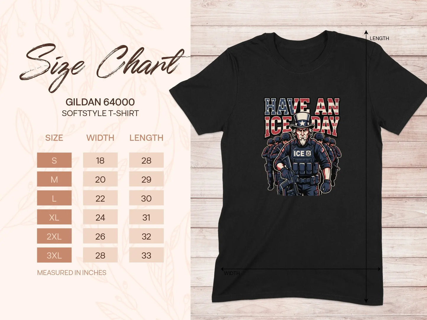 Black t-shirt with Uncle Sam and ICE agents graphic, size chart details.