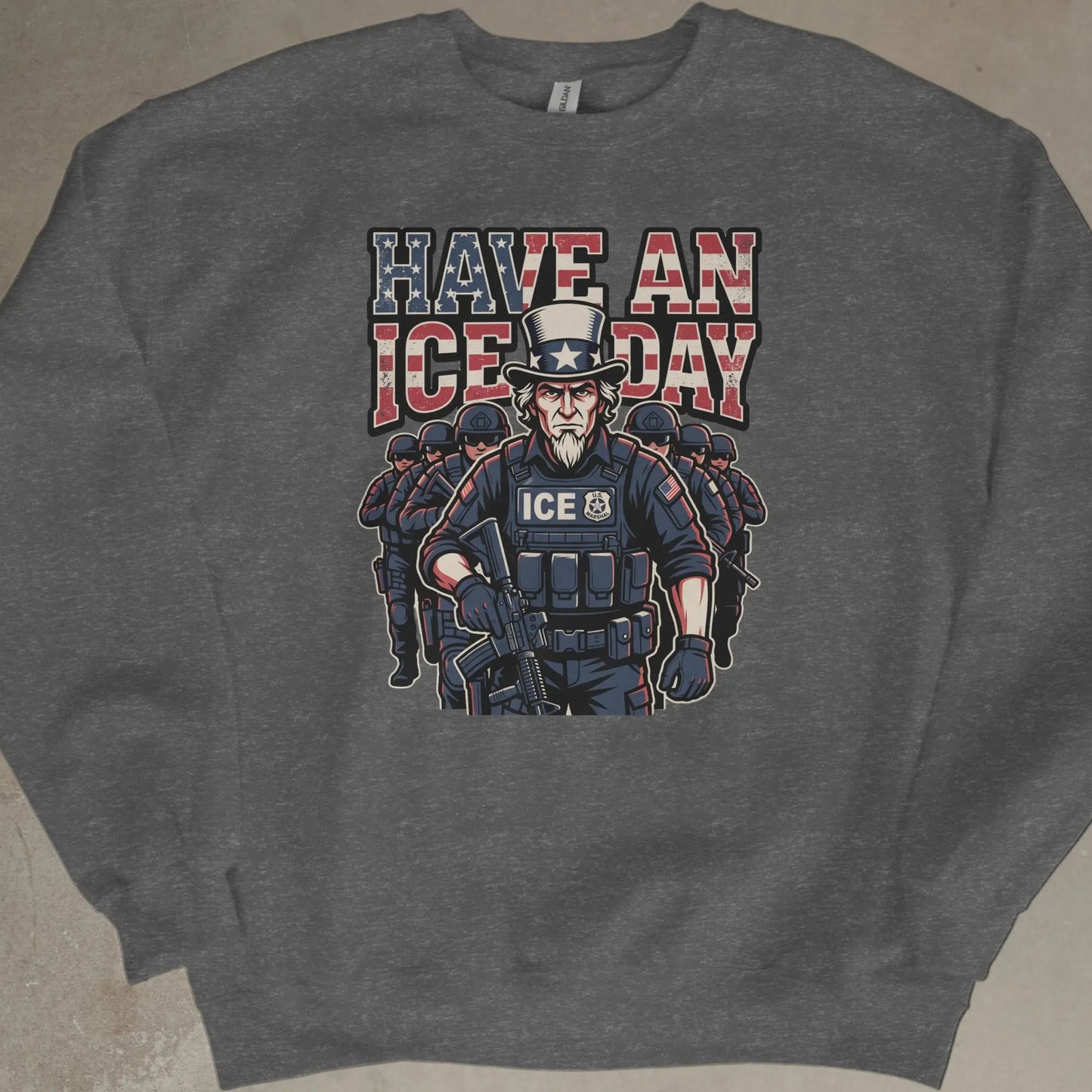Uncle Sam in tactical gear holding a rifle with "HAVE AN ICE DAY" text.