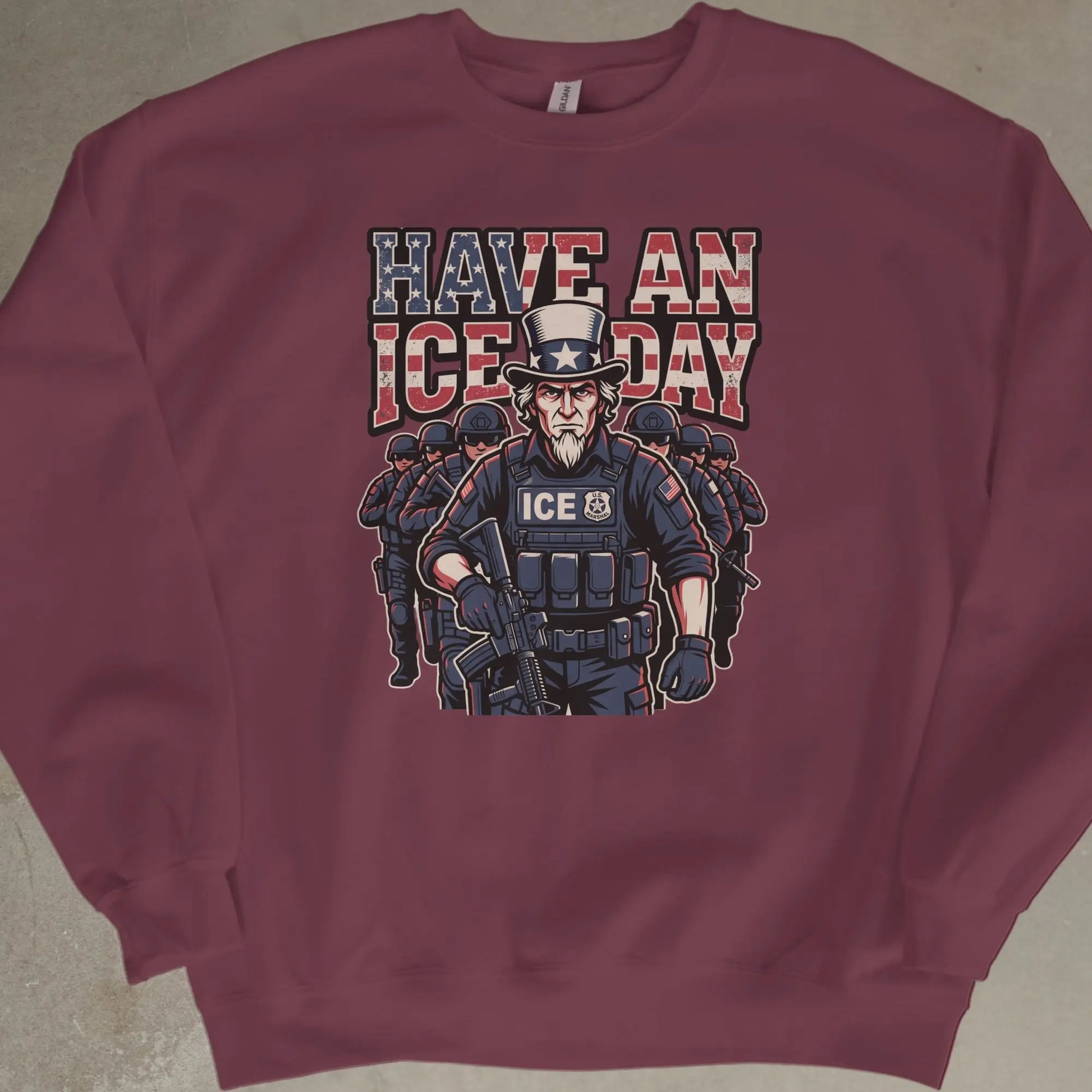 Uncle Sam in a tactical vest and hat, with ICE logo, holding a rifle.