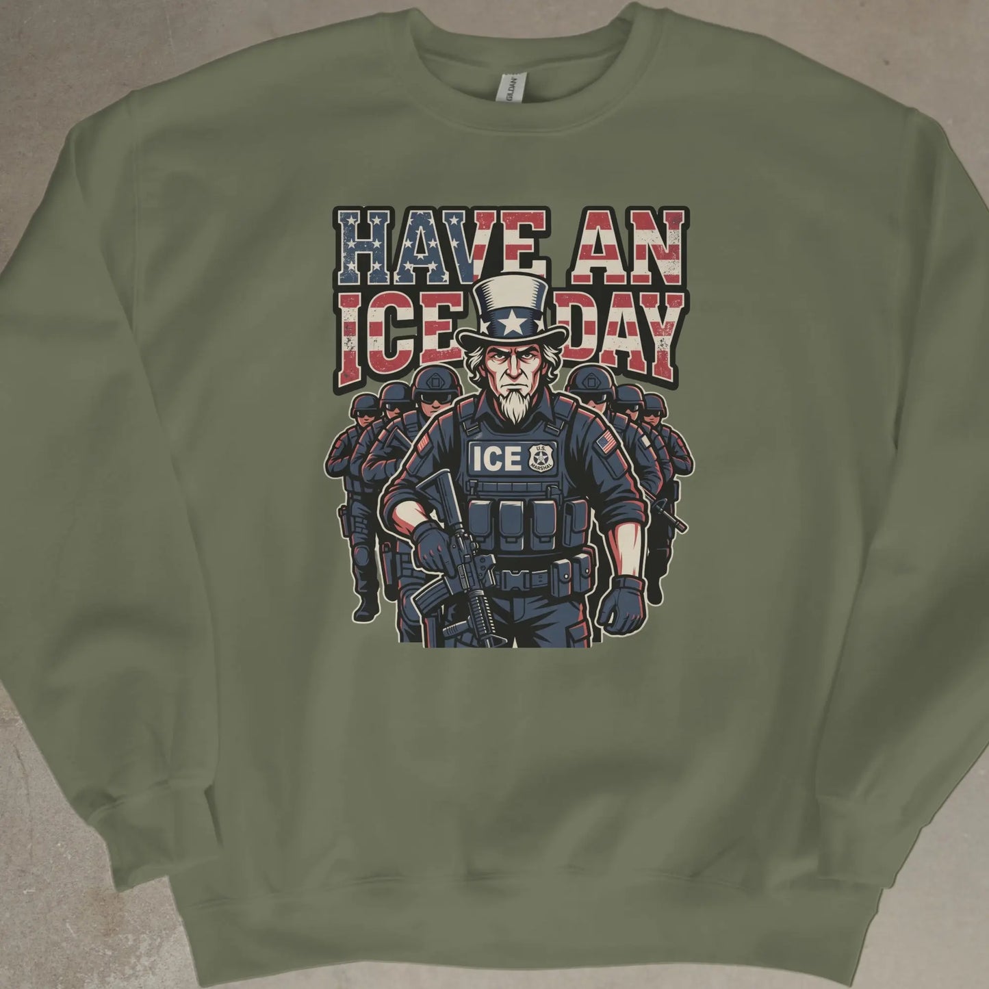 "Have an ICE day" text with Uncle Sam-like figure and ICE agents.