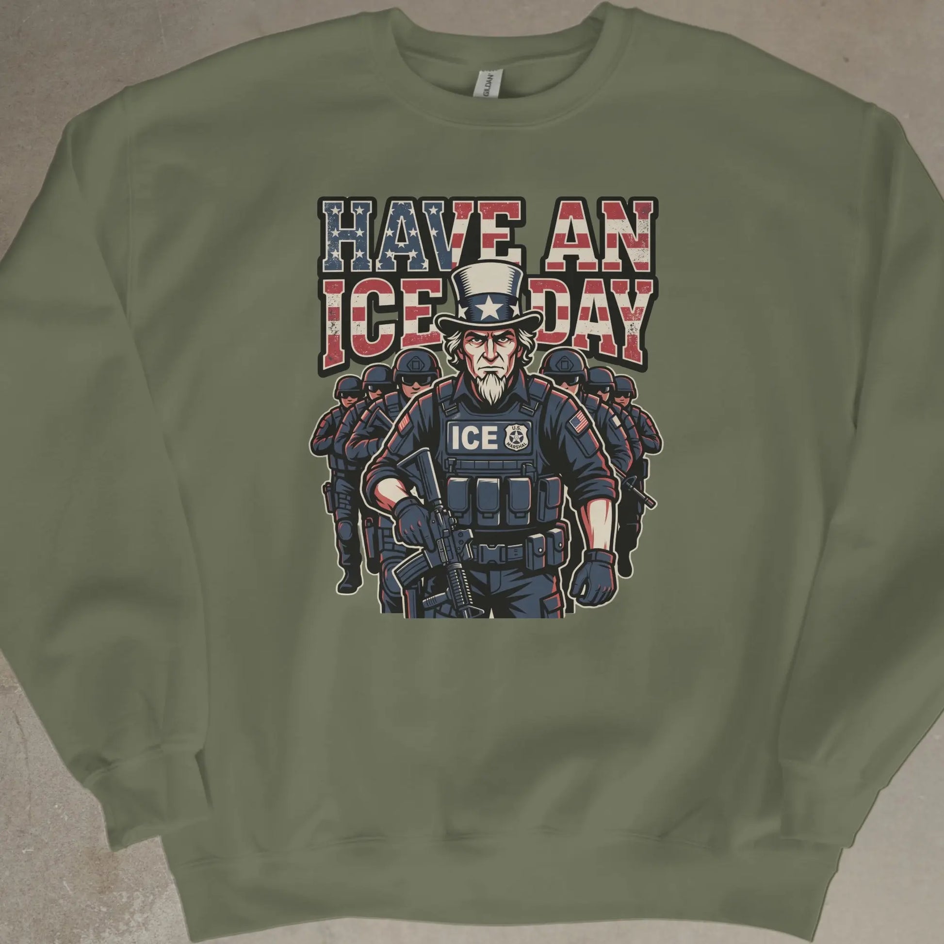 "Have an ICE day" text with Uncle Sam-like figure and ICE agents.