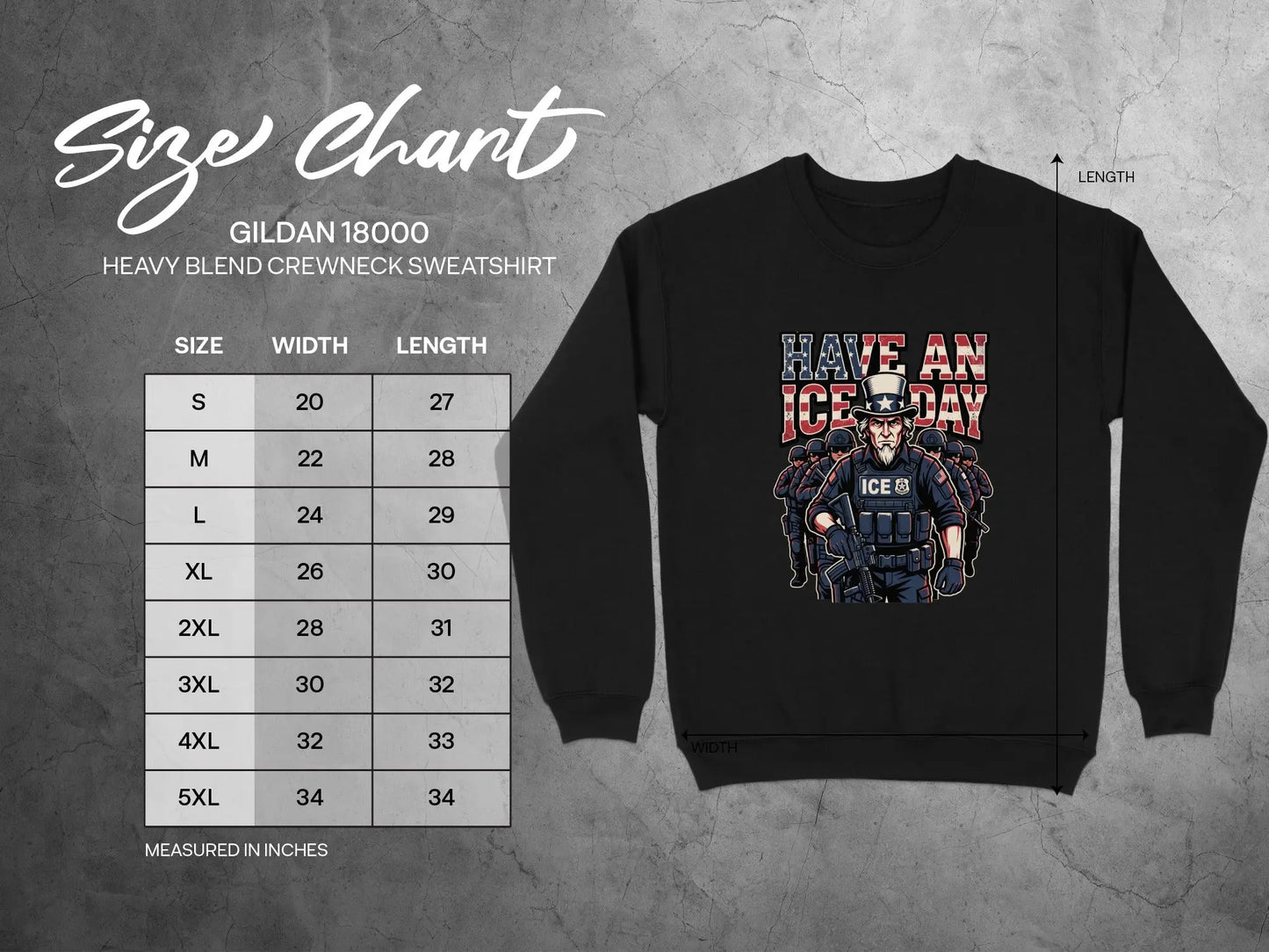 Gildan 18000 size chart: black sweatshirt with ICE graphic and size measurements.