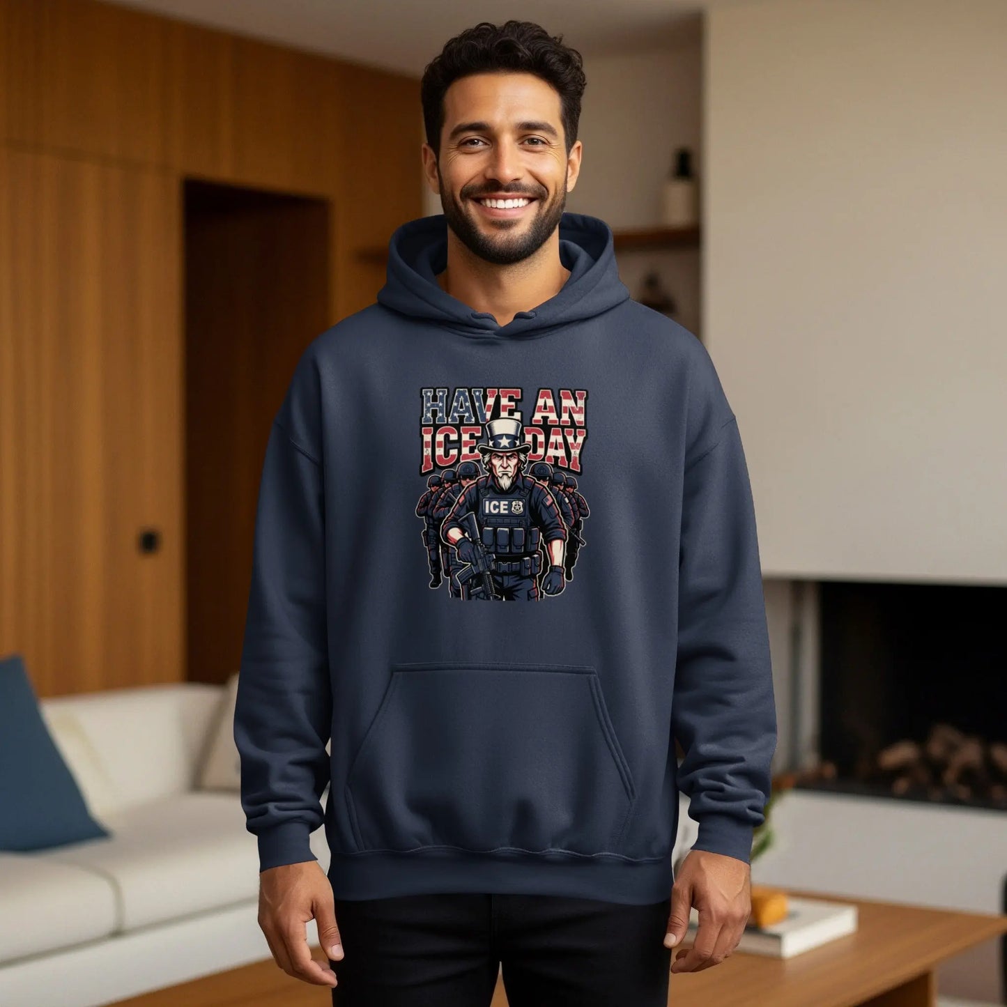 Dark navy hoodie with an illustration of Uncle Sam dressed as ICE agent.