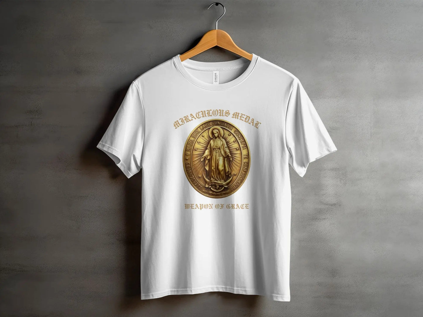 White t-shirt with gold Miraculous Medal and "Weapon of Grace" text.