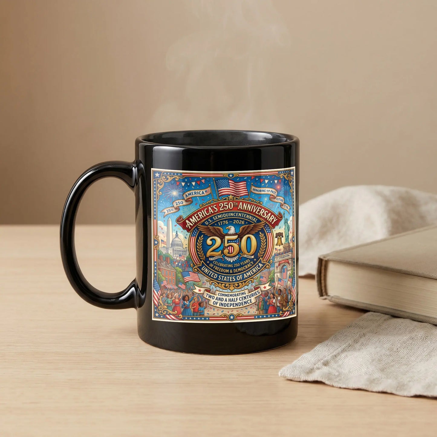 Black mug with "America's 250th Anniversary" design, celebrating freedom and democracy.