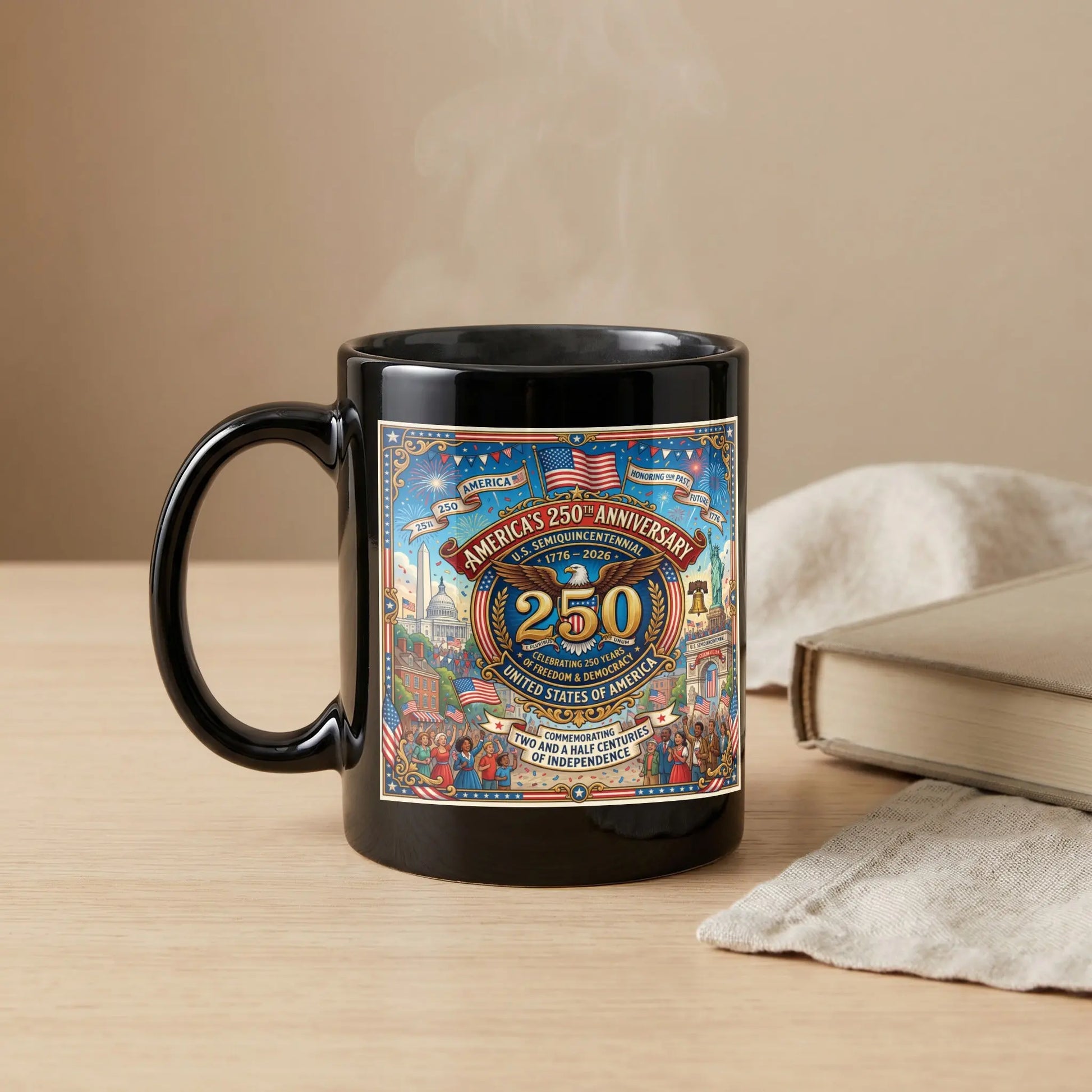 Black mug with "America's 250th Anniversary" design, celebrating freedom and democracy.