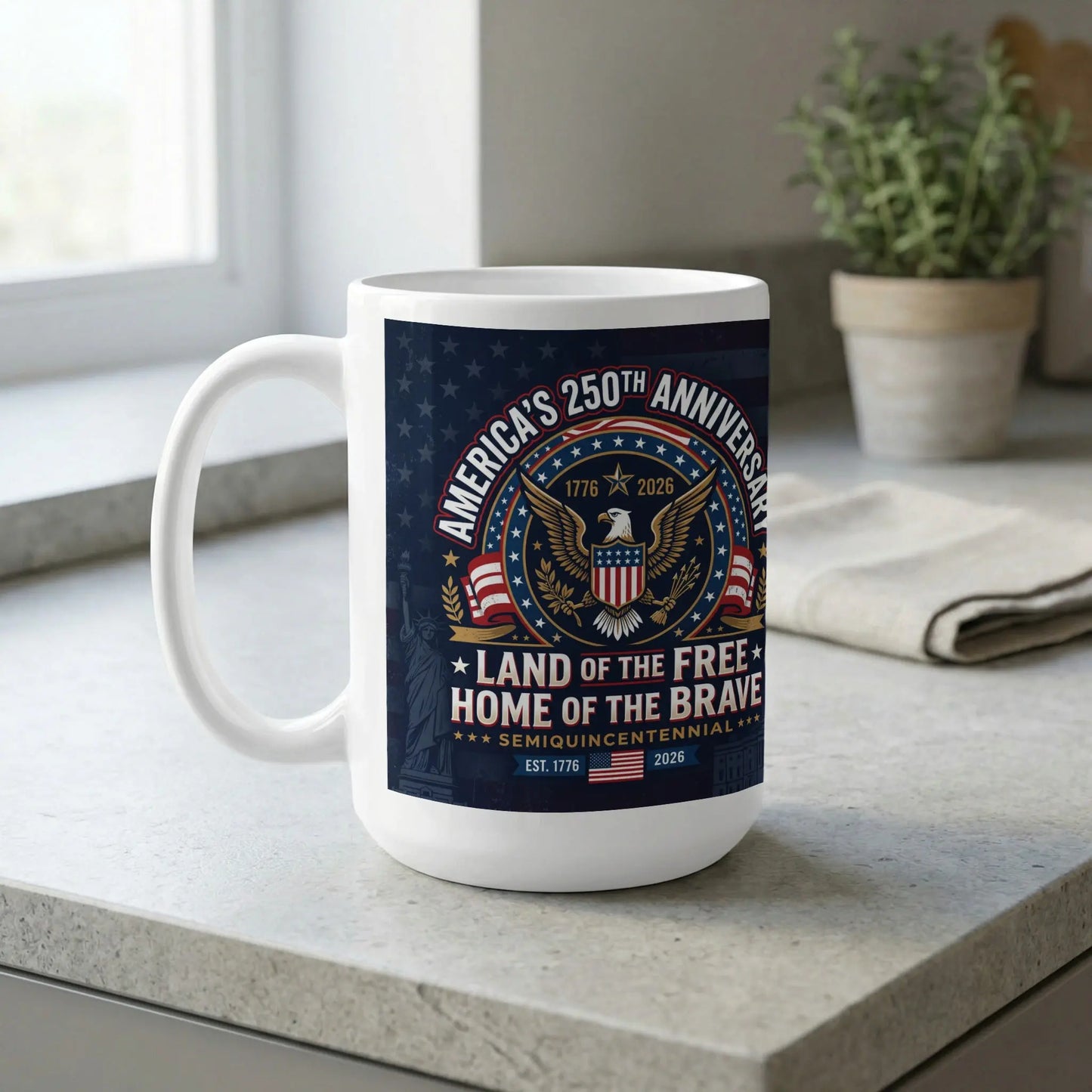 White mug with "America's 250th Anniversary" and patriotic eagle design.