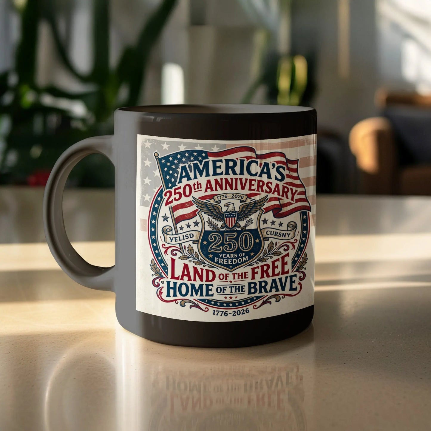 Mug with American flag design celebrating America's 250th Anniversary from 1776-2026.