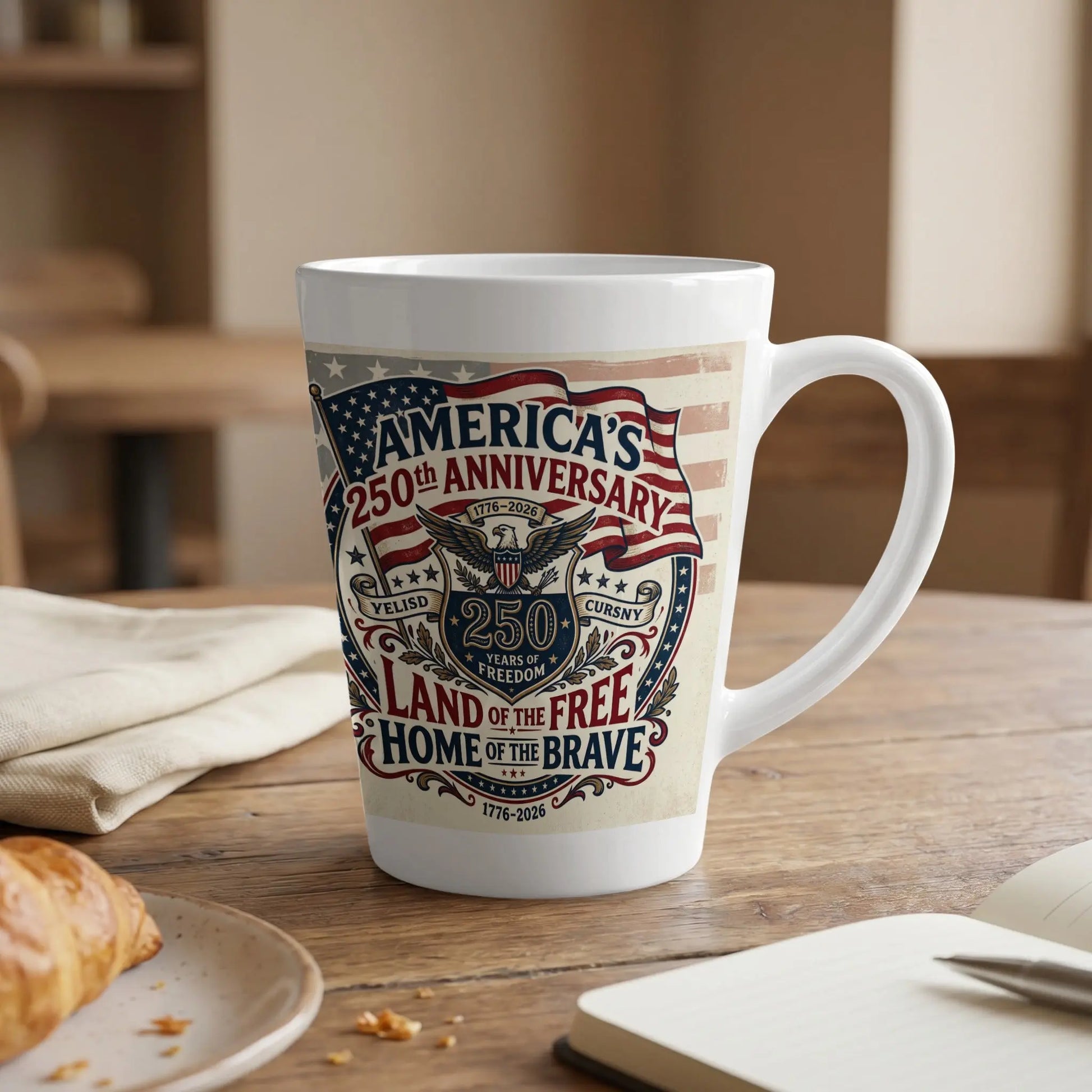 White mug with "America's 250th Anniversary" and patriotic eagle design.