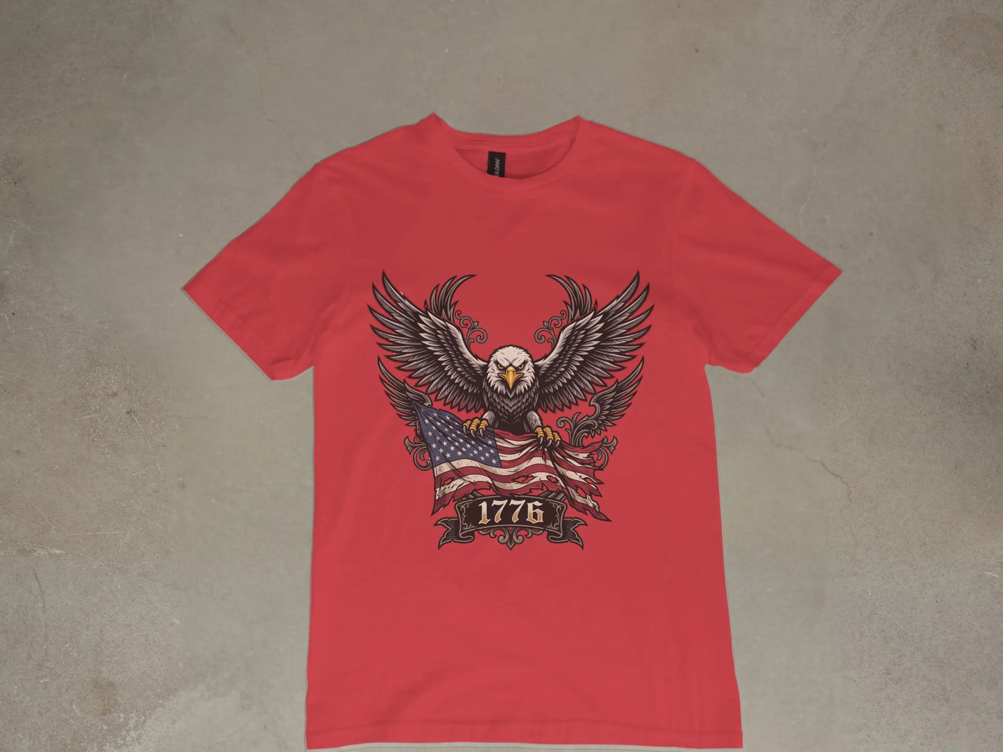 Red t-shirt with eagle, American flag, and "1776".