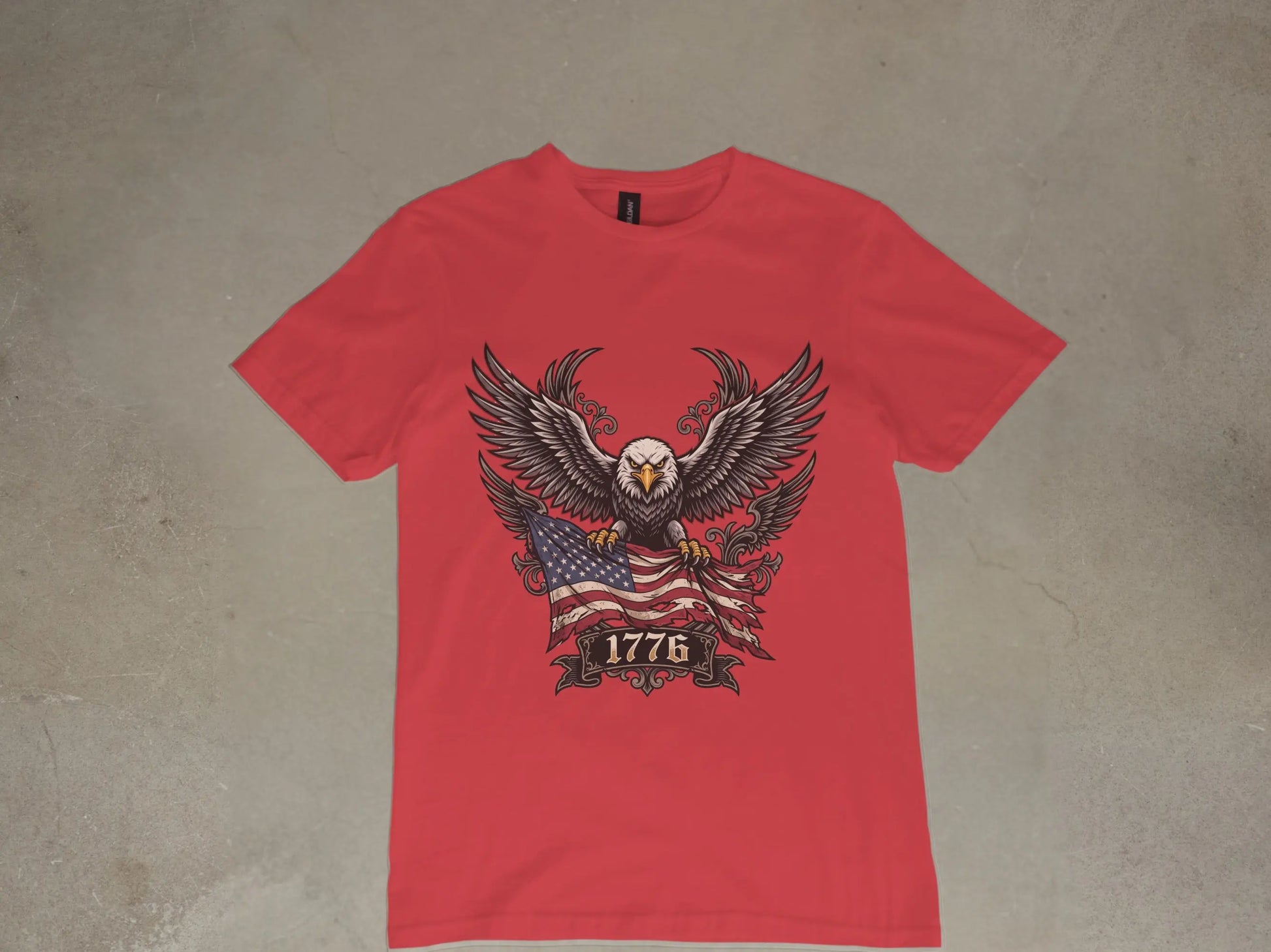 Red t-shirt with eagle, American flag, and "1776".
