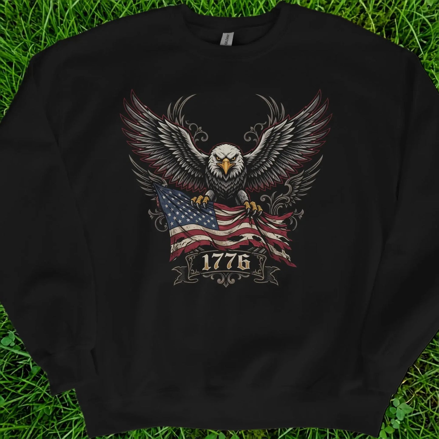 Black sweatshirt with an eagle holding an American flag and the text "1776".
