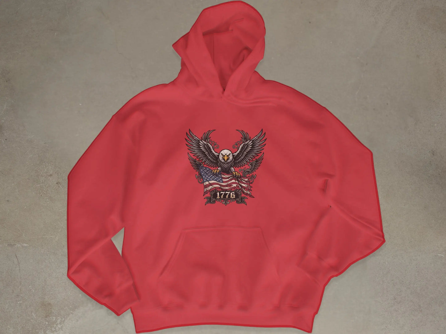 Red hoodie with eagle, American flag, and "1776" text graphic.