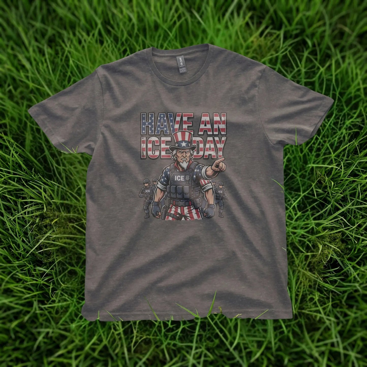Dark t-shirt featuring Uncle Sam pointing and the text "HAVE AN ICE DAY".