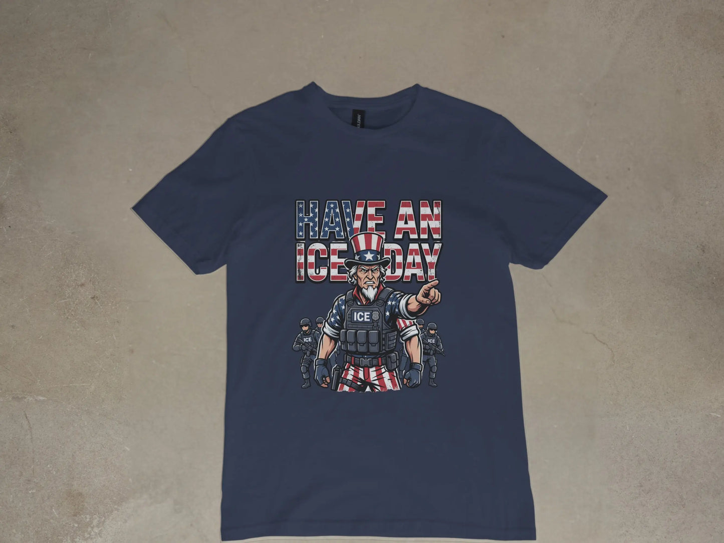 Uncle Sam figure pointing, with "HAVE AN ICE DAY" text above, on a navy t-shirt.