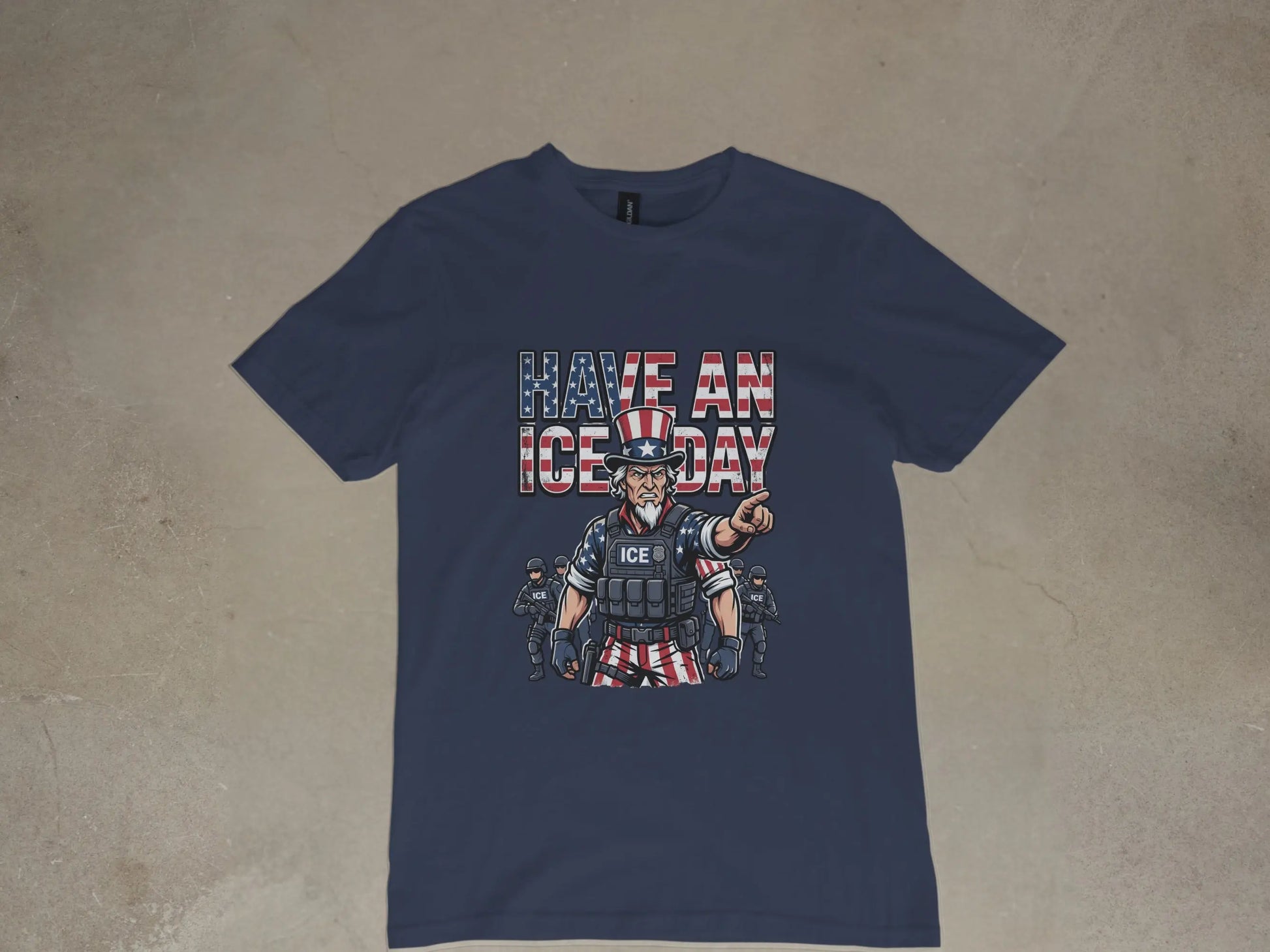 Uncle Sam figure pointing, with "HAVE AN ICE DAY" text above, on a navy t-shirt.