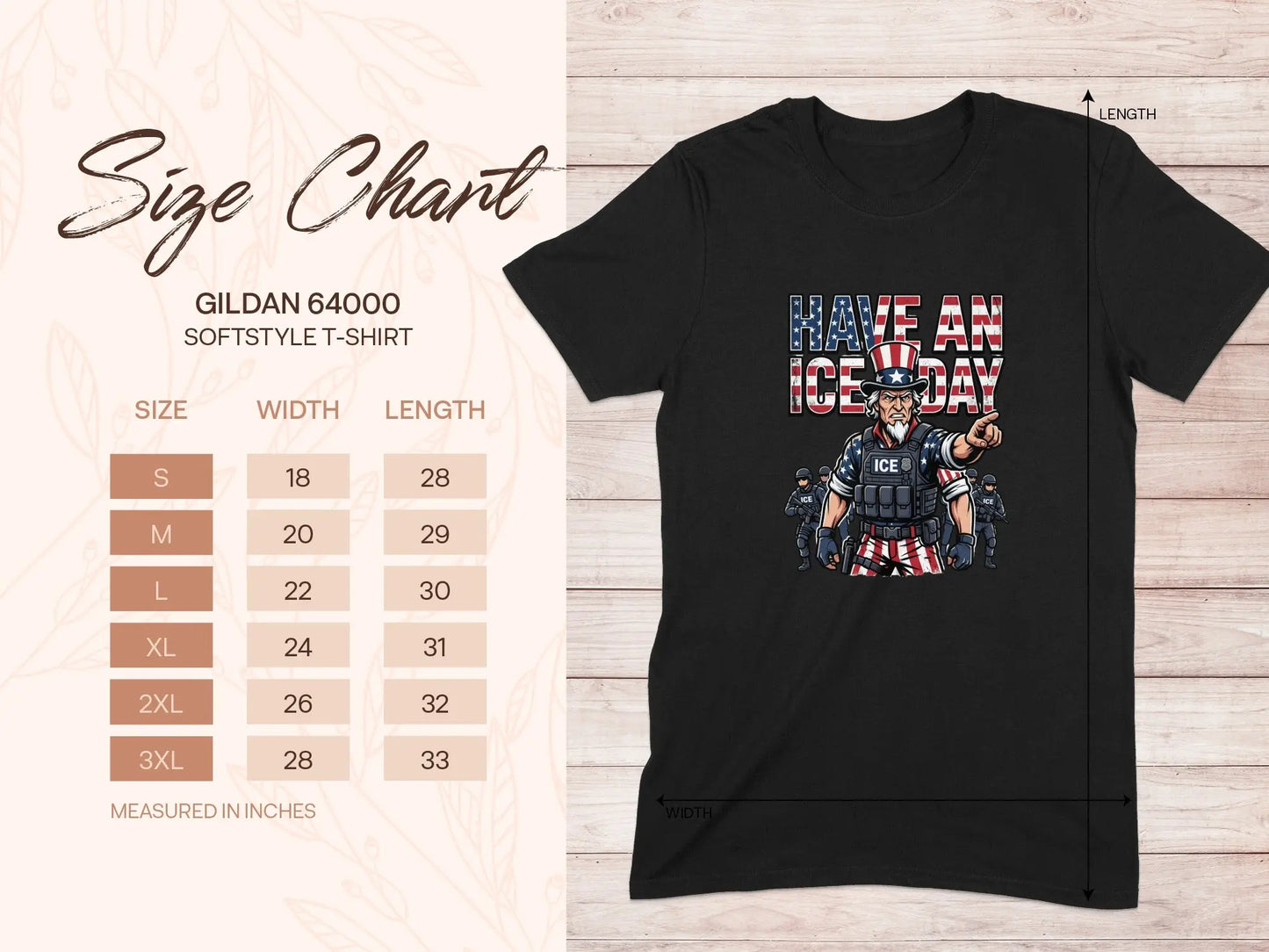 Black t-shirt with "HAVE AN ICE DAY" graphic and size chart.