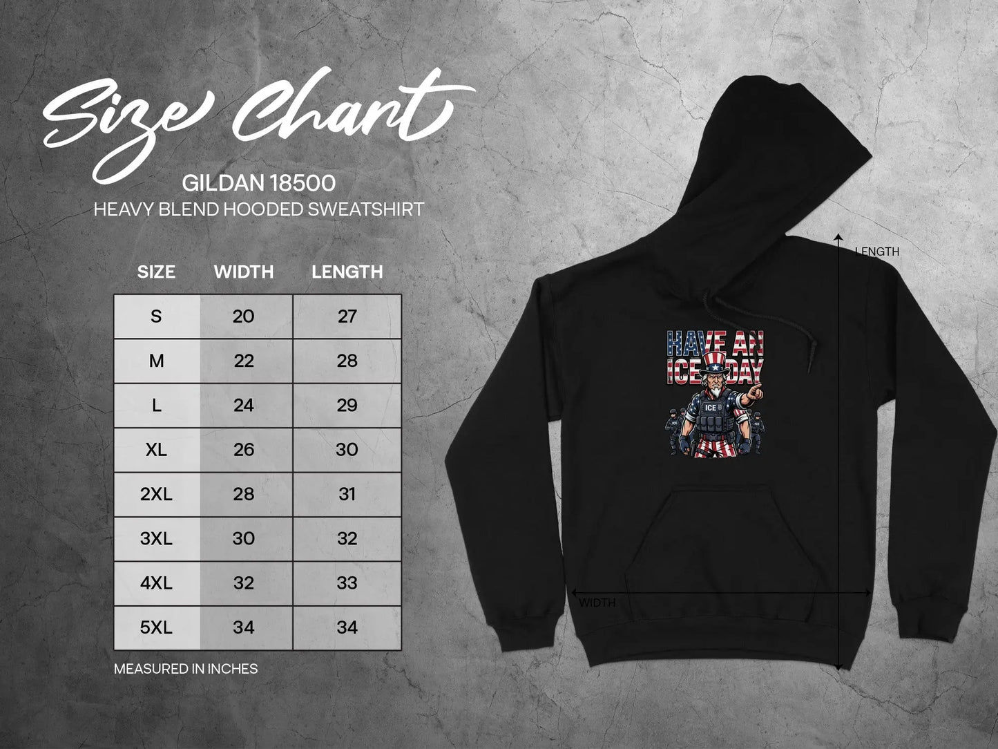 Gildan 18500 Heavy Blend Hooded Sweatshirt size chart in inches.