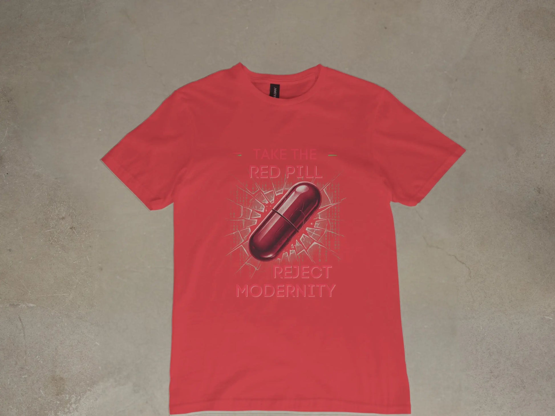 Red t-shirt with text "TAKE THE RED PILL REJECT MODERNITY" and a red pill graphic.