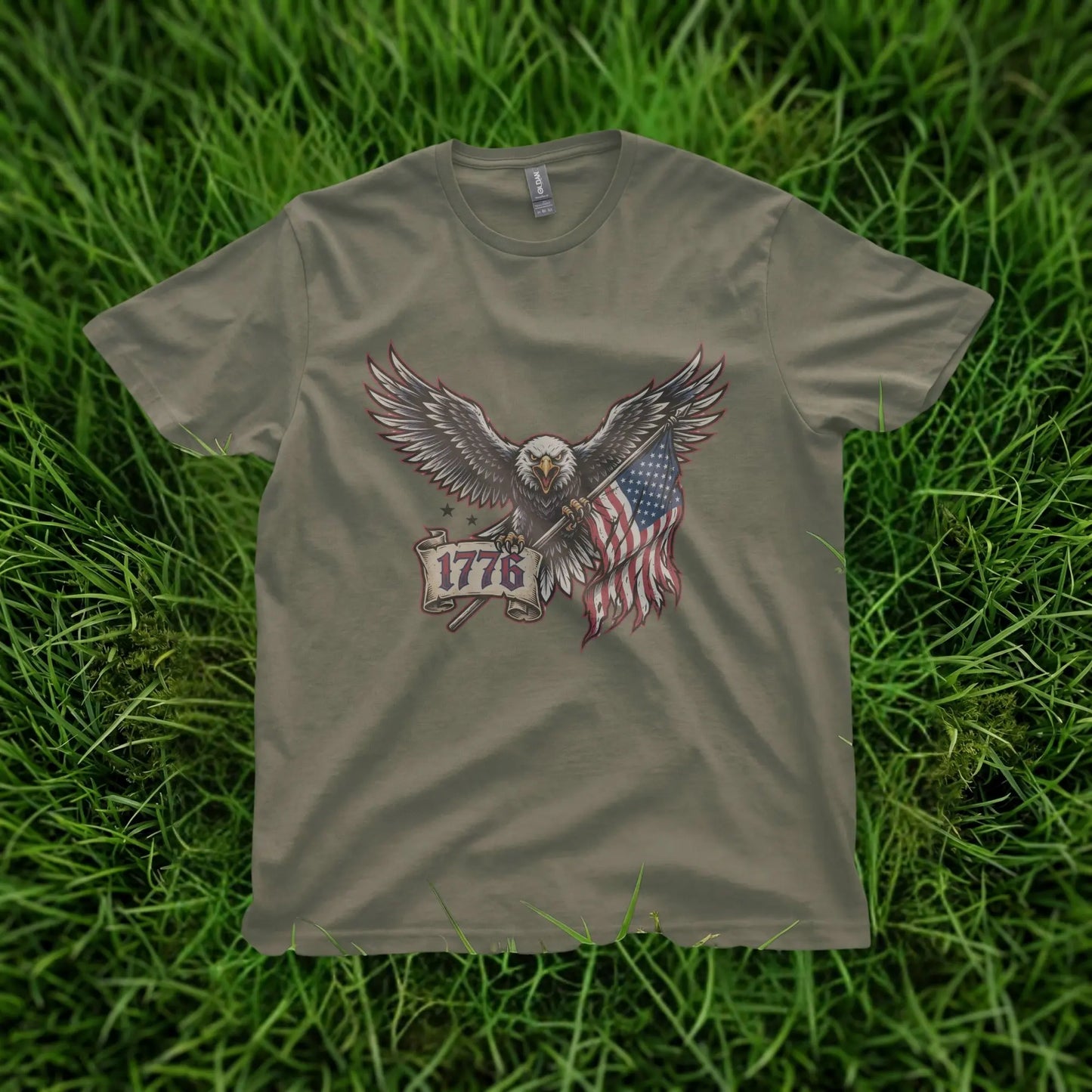 T-shirt with eagle holding American flag and "1776" banner.